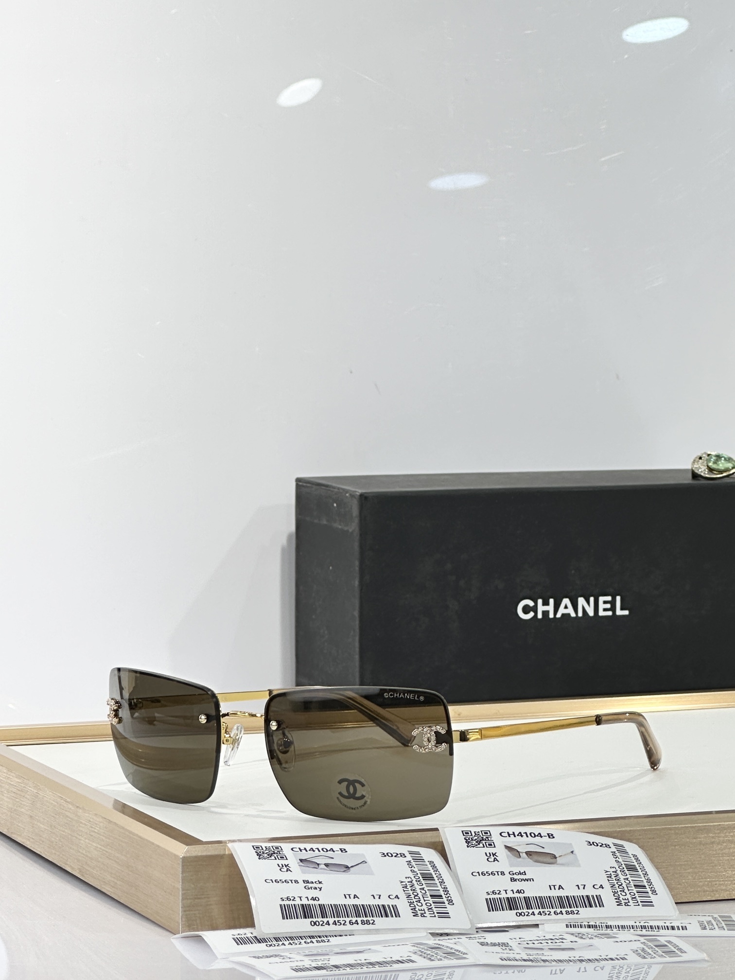 Chanel CH4104-B Rimless Rectangular Sunglasses with Crystal CC Logo