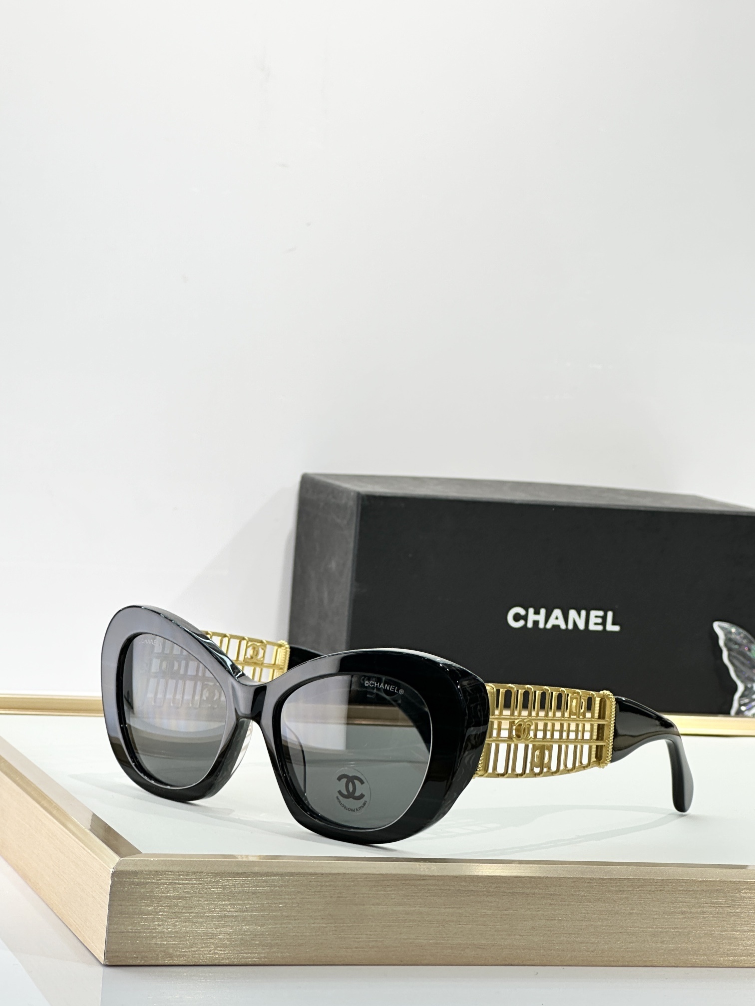 Chanel Luxury Cat-Eye Sunglasses with Gold Filigree CC Logo