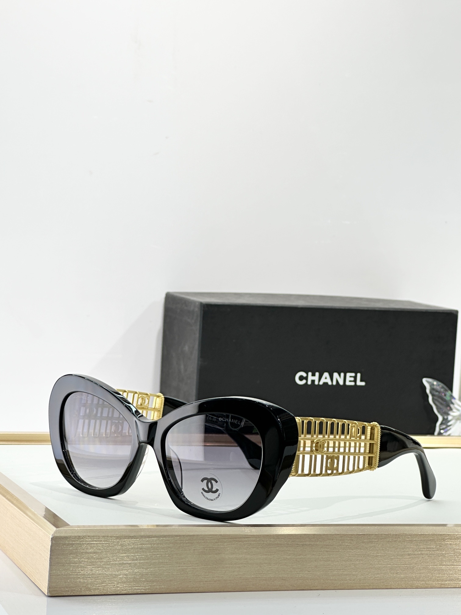 Chanel Luxury Cat-Eye Sunglasses with Gold Filigree CC Logo