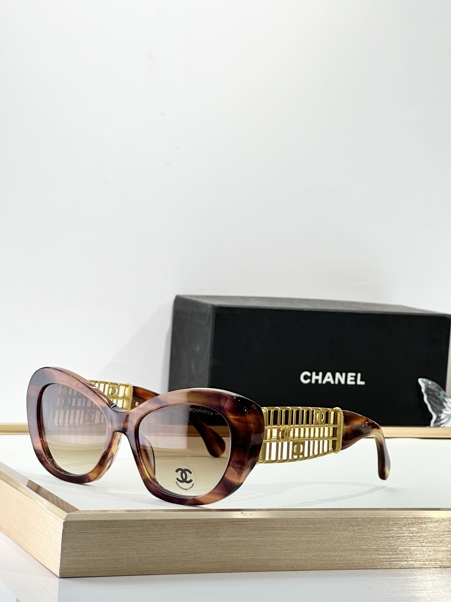 Chanel Luxury Cat-Eye Sunglasses with Gold Filigree CC Logo
