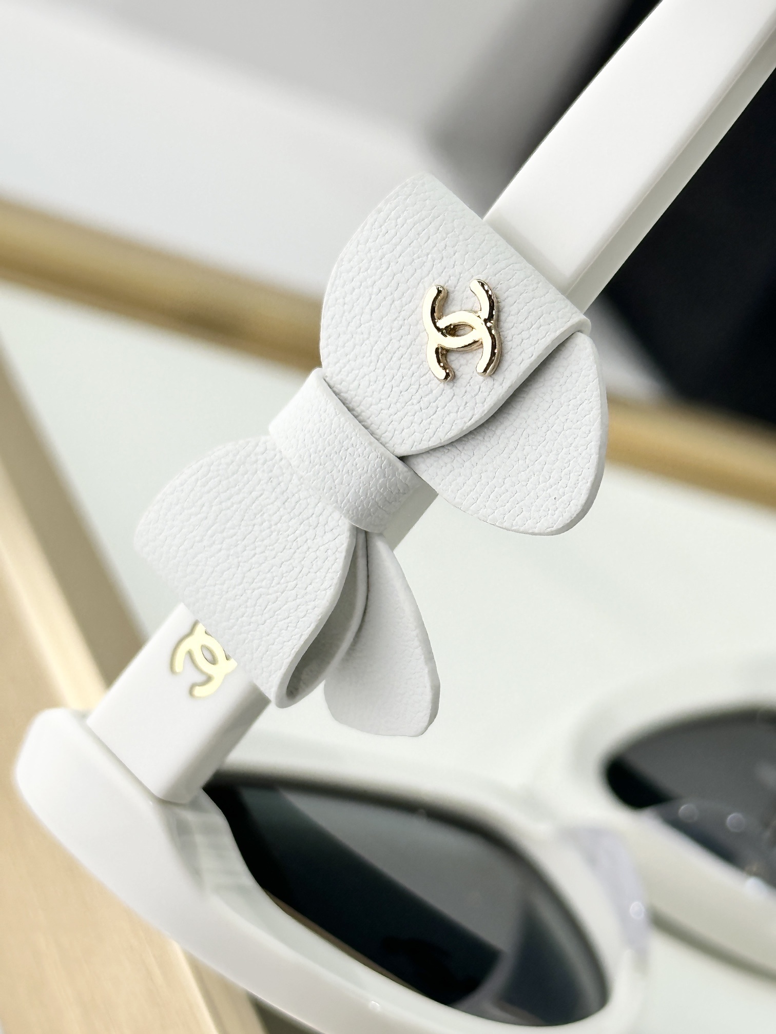 Chanel White Oval Sunglasses with Bow Detail & Gold CC Logo