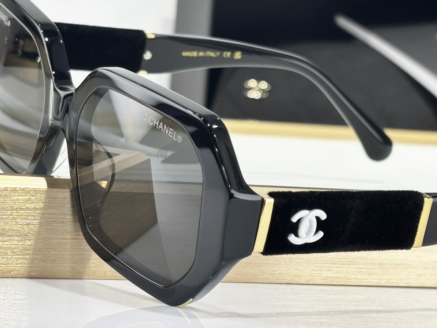 Chanel Oversized Black Sunglasses with Velvet CC Logo Detail