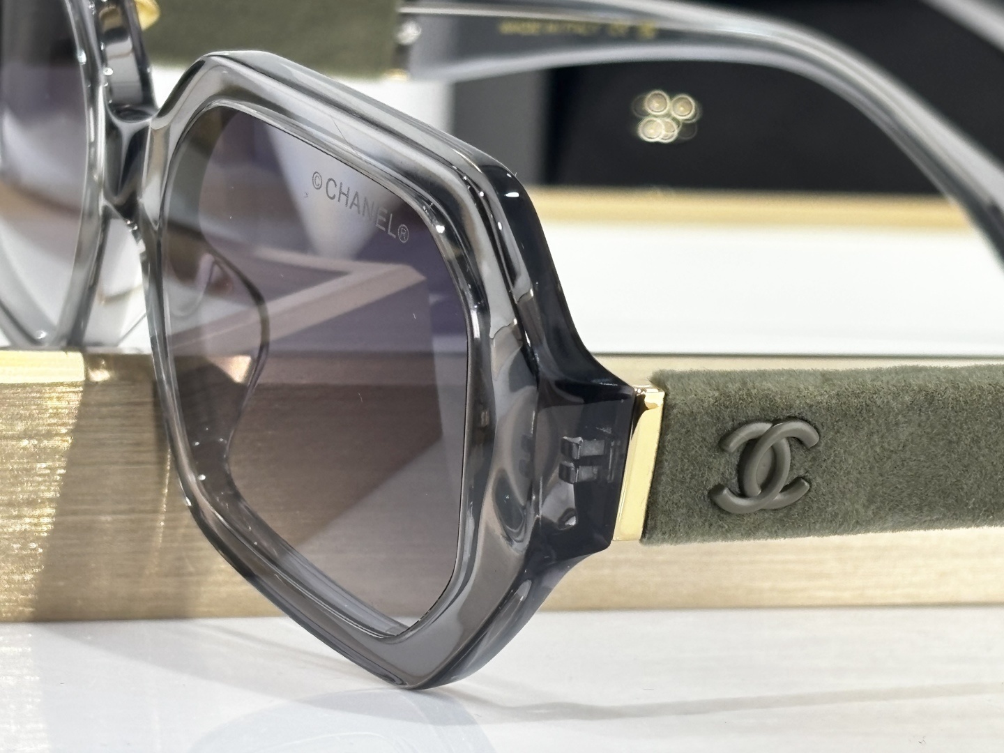 Chanel Oversized Grey Geometric Sunglasses with Velvet CC Detail