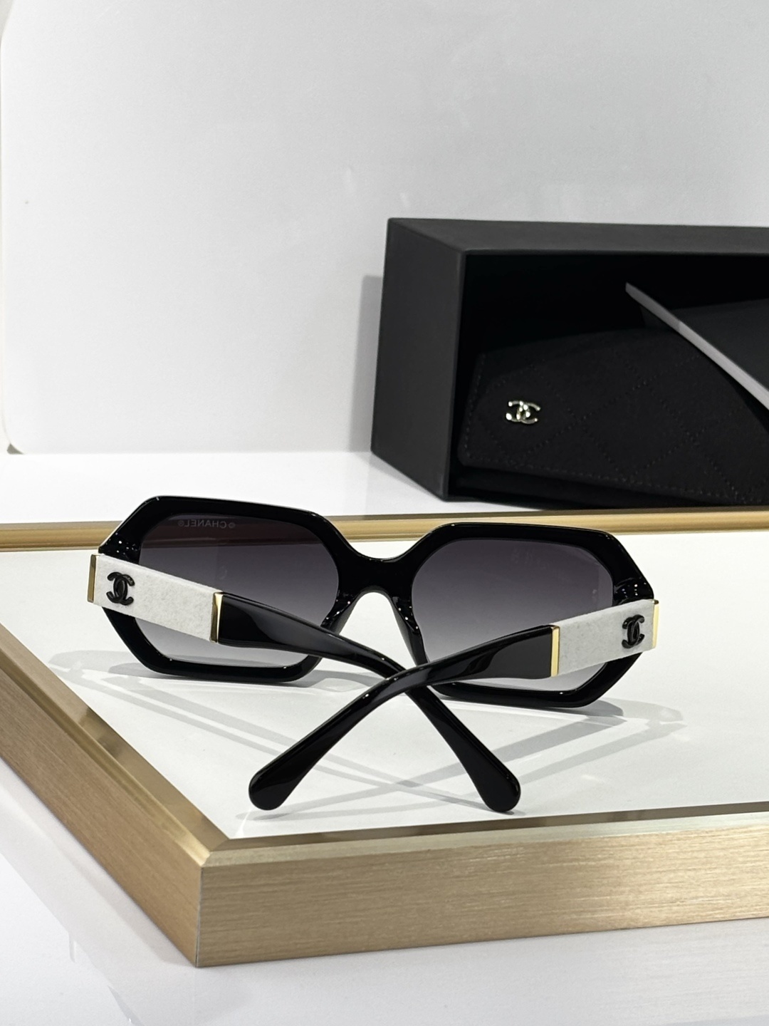 Chanel Oversized Geometric Sunglasses with Textured Logo Temples