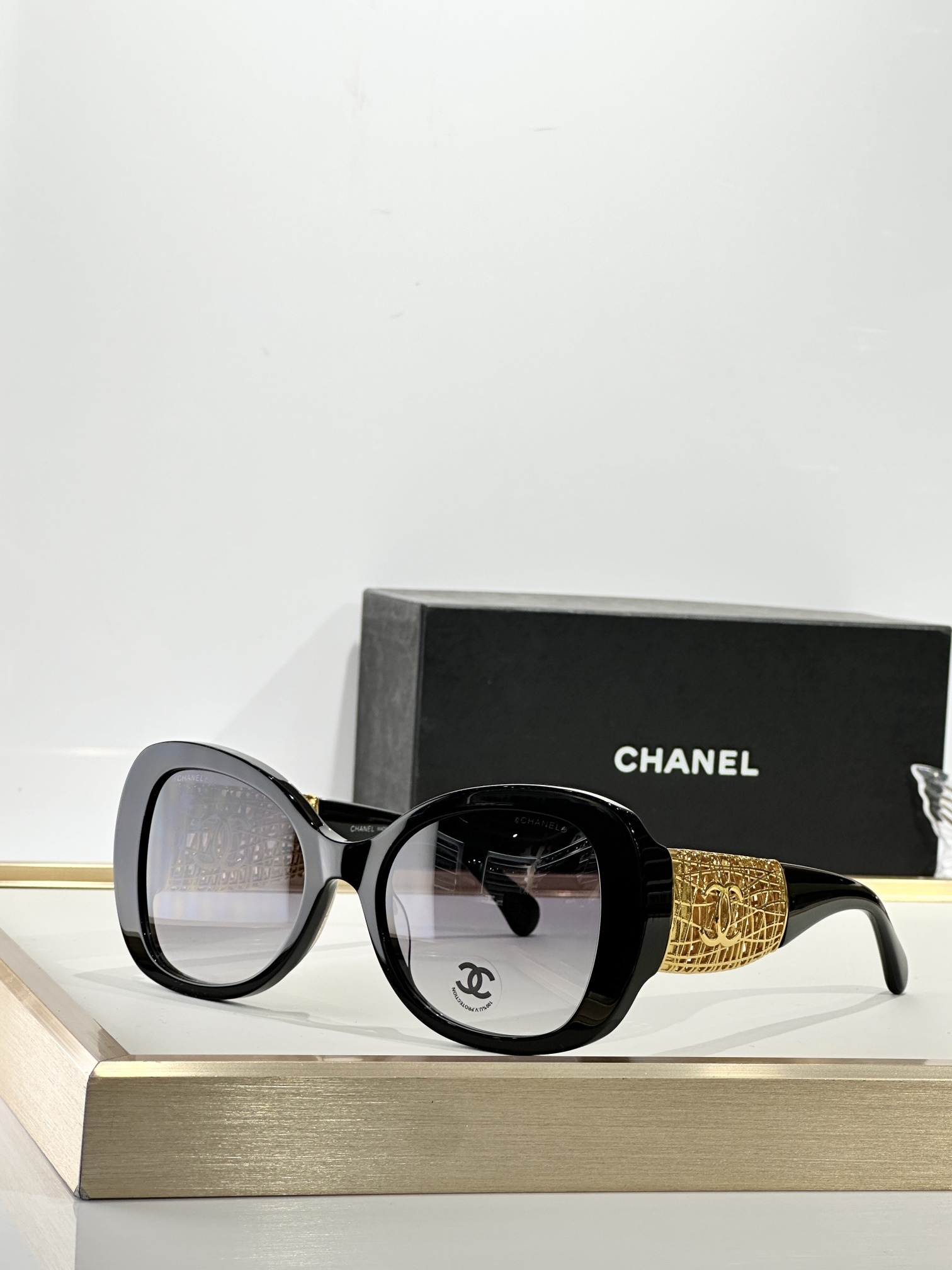 Chanel Butterfly Black Sunglasses with Gold Mesh CC Logo Temples