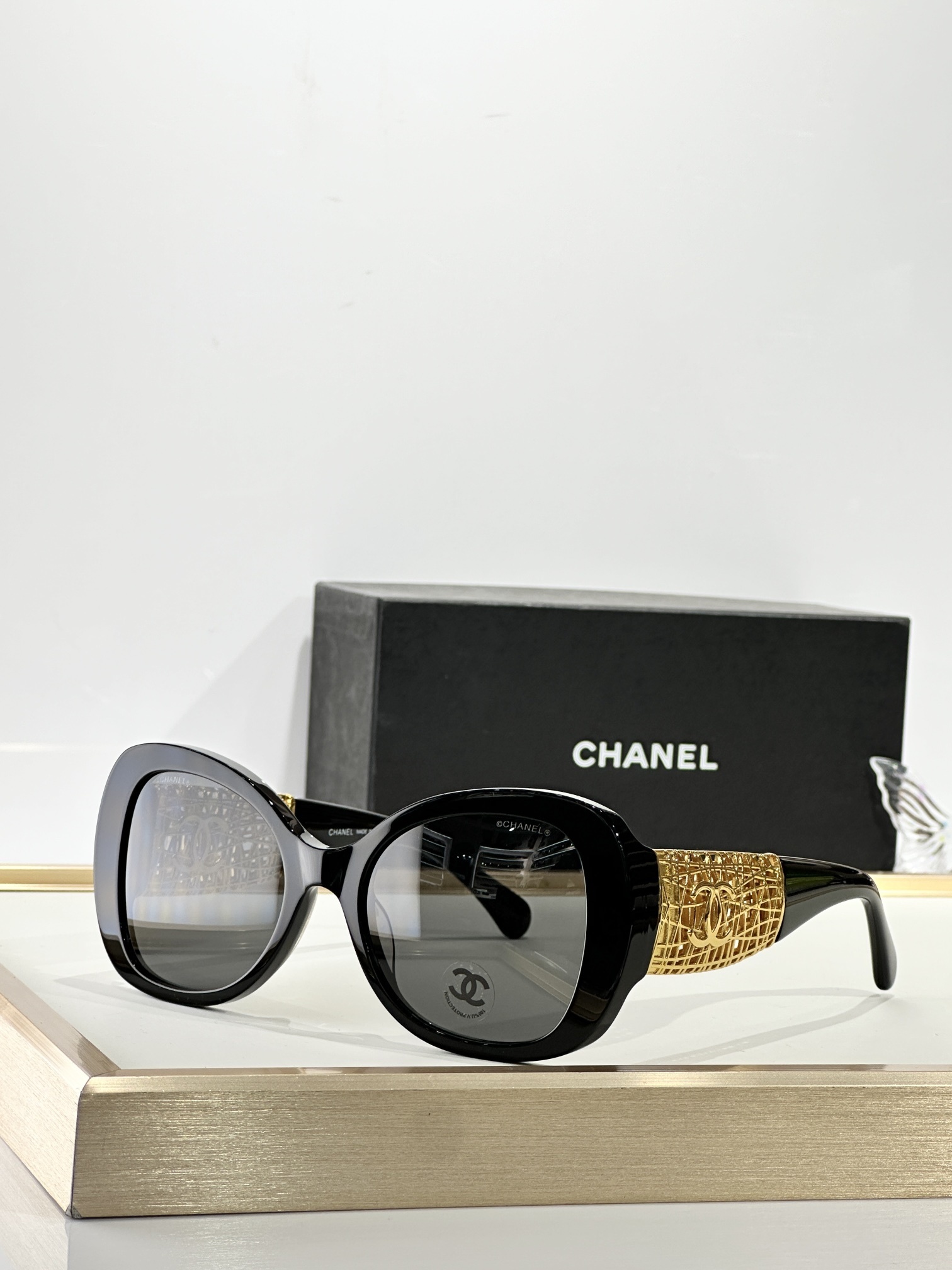 Chanel Butterfly Black Sunglasses with Gold Mesh CC Logo Temples
