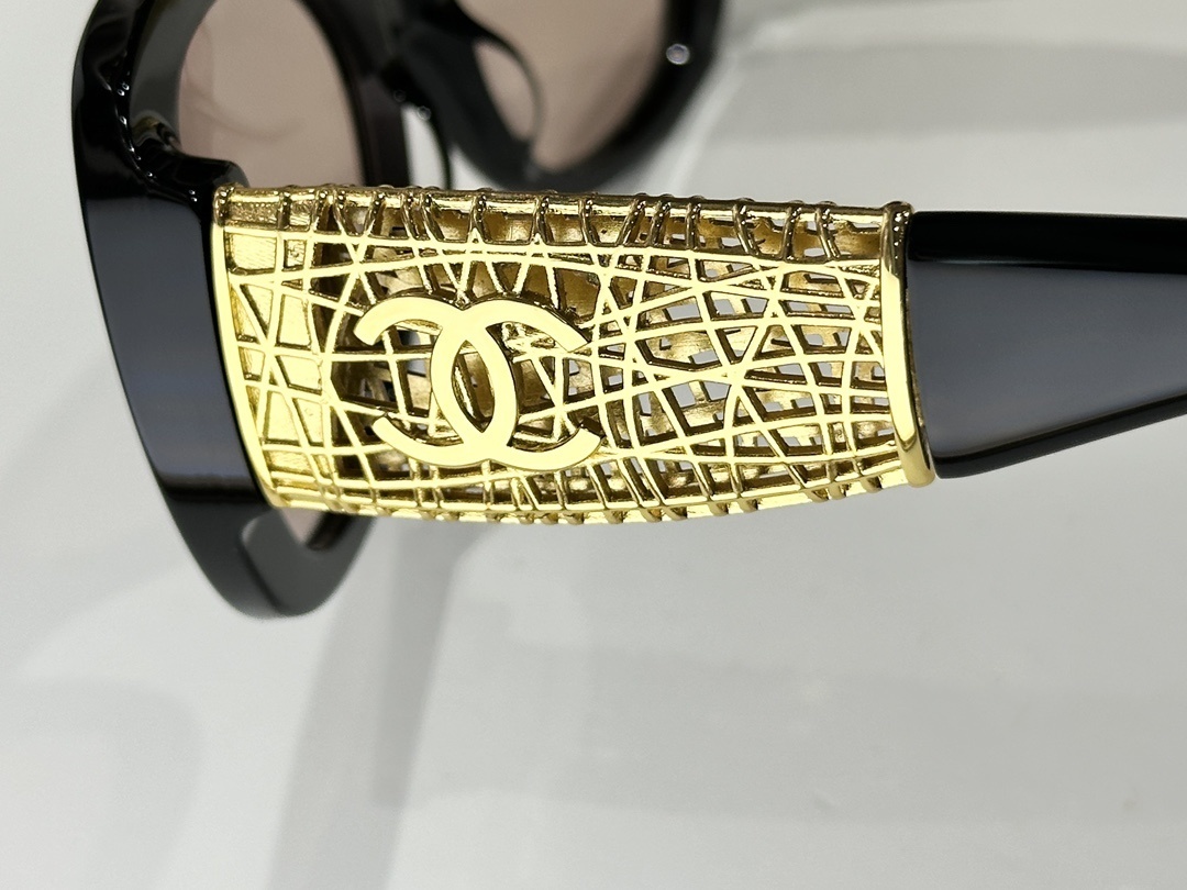 Chanel Butterfly Black Sunglasses with Gold Mesh CC Logo Temples