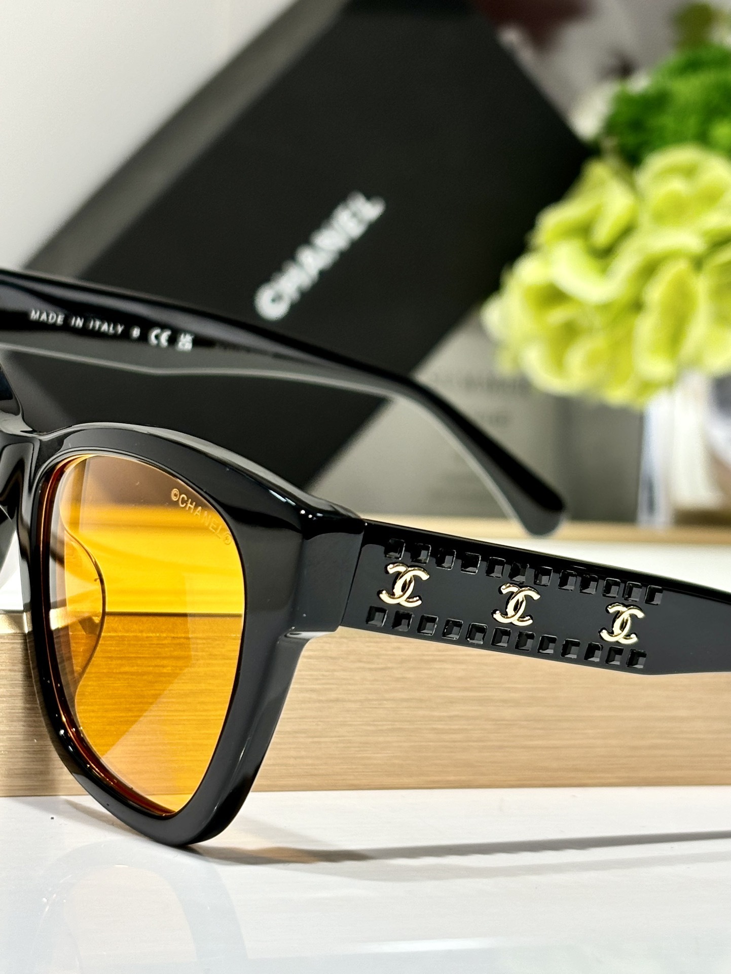 Chanel Black Cat-Eye Sunglasses with Gold CC Logo & Yellow Lenses