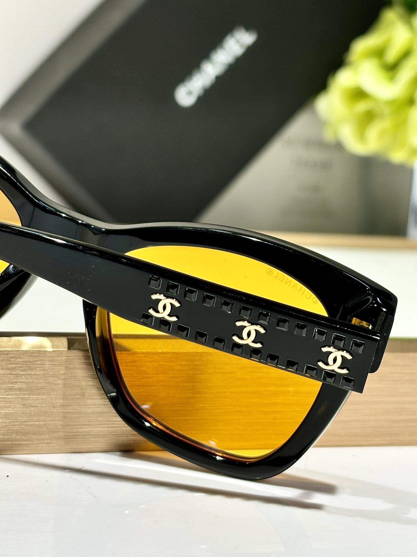 Chanel Black Cat-Eye Sunglasses with Gold CC Logo & Yellow Lenses