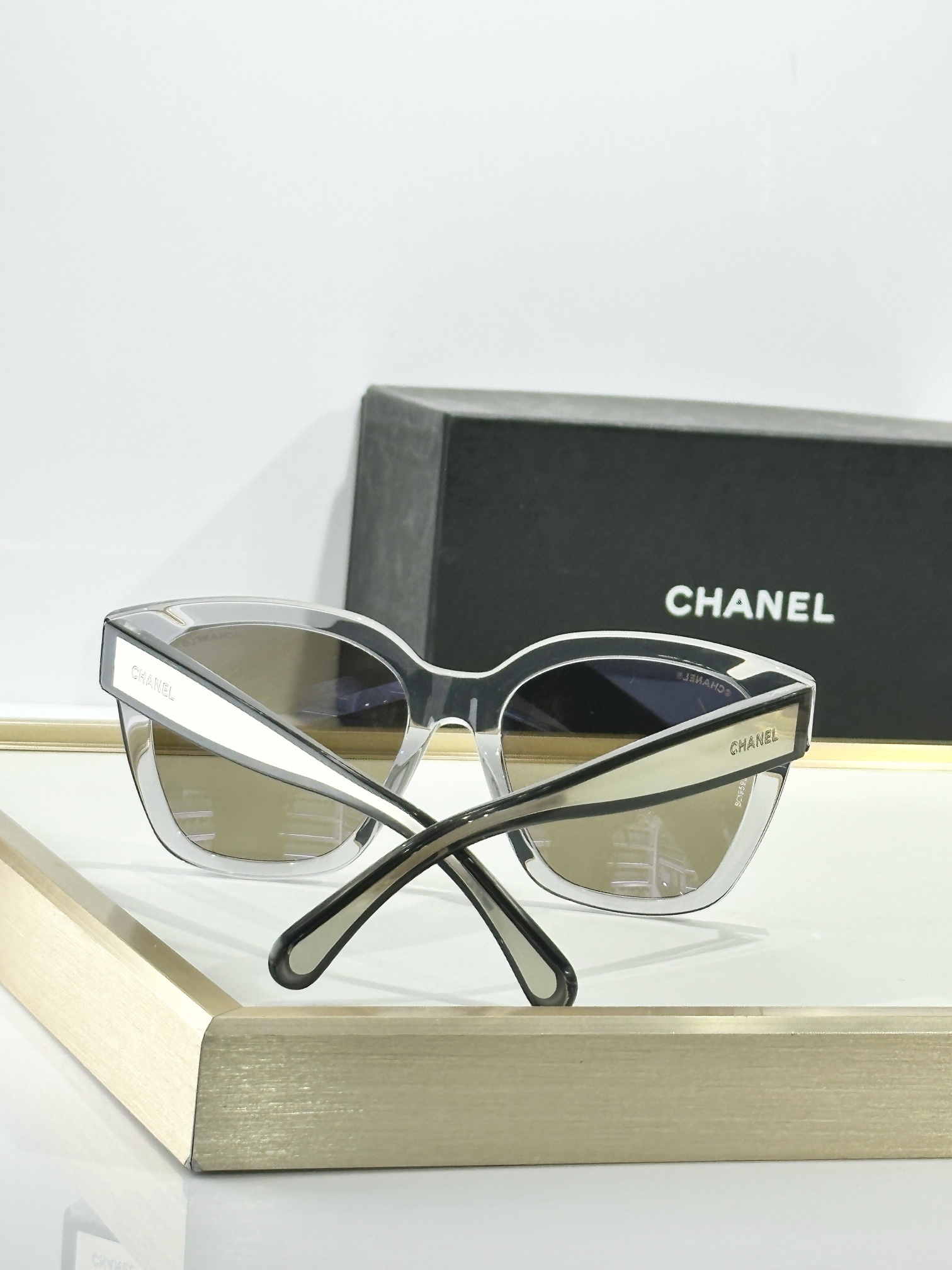 Chanel Butterfly Sunglasses – Light Grey Acetate & Gold Mirror