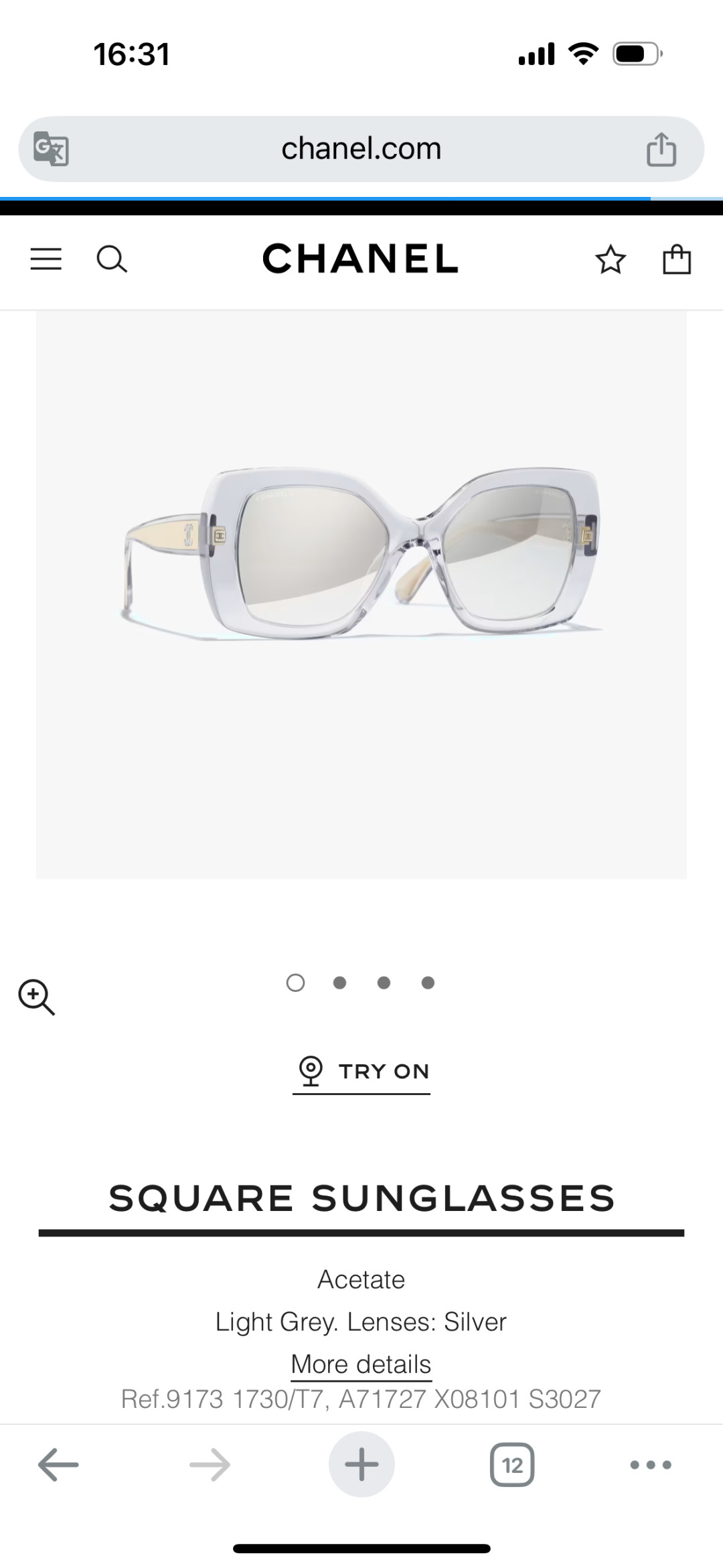 Chanel Light Grey Acetate Square Sunglasses