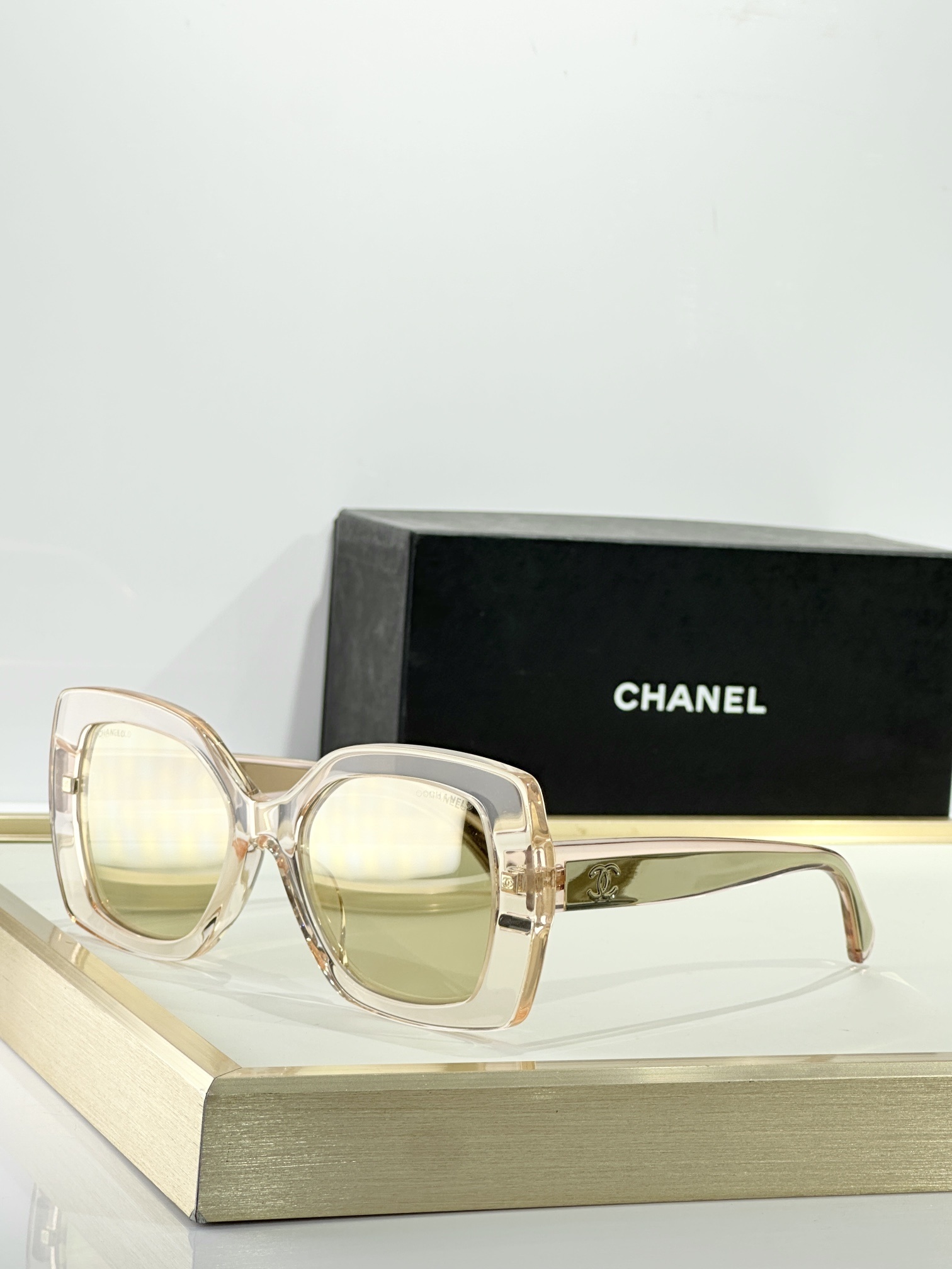Chanel Square Sunglasses in Pink Acetate with Gold Mirrored Lenses