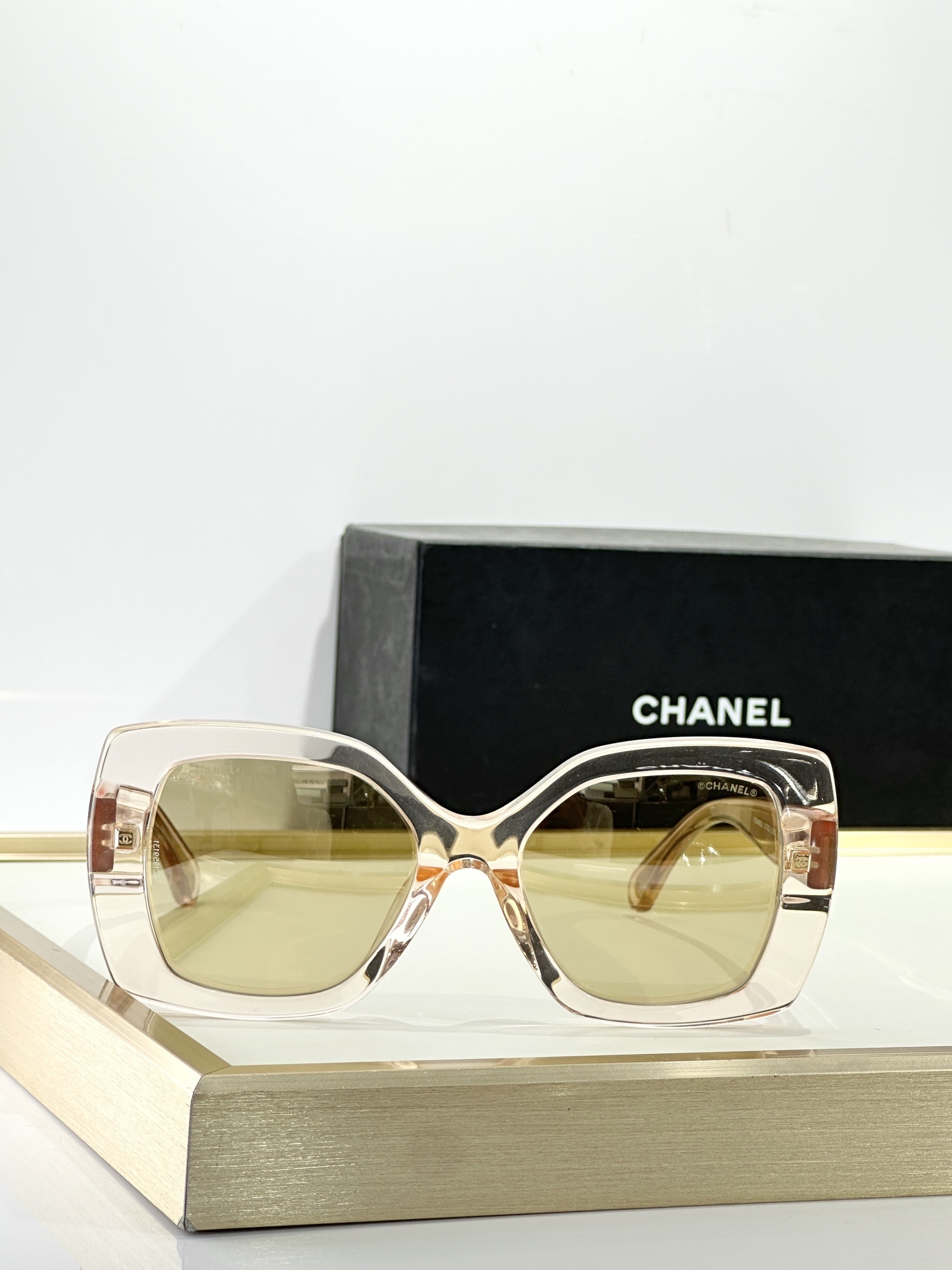 Chanel Square Sunglasses in Pink Acetate with Gold Mirrored Lenses
