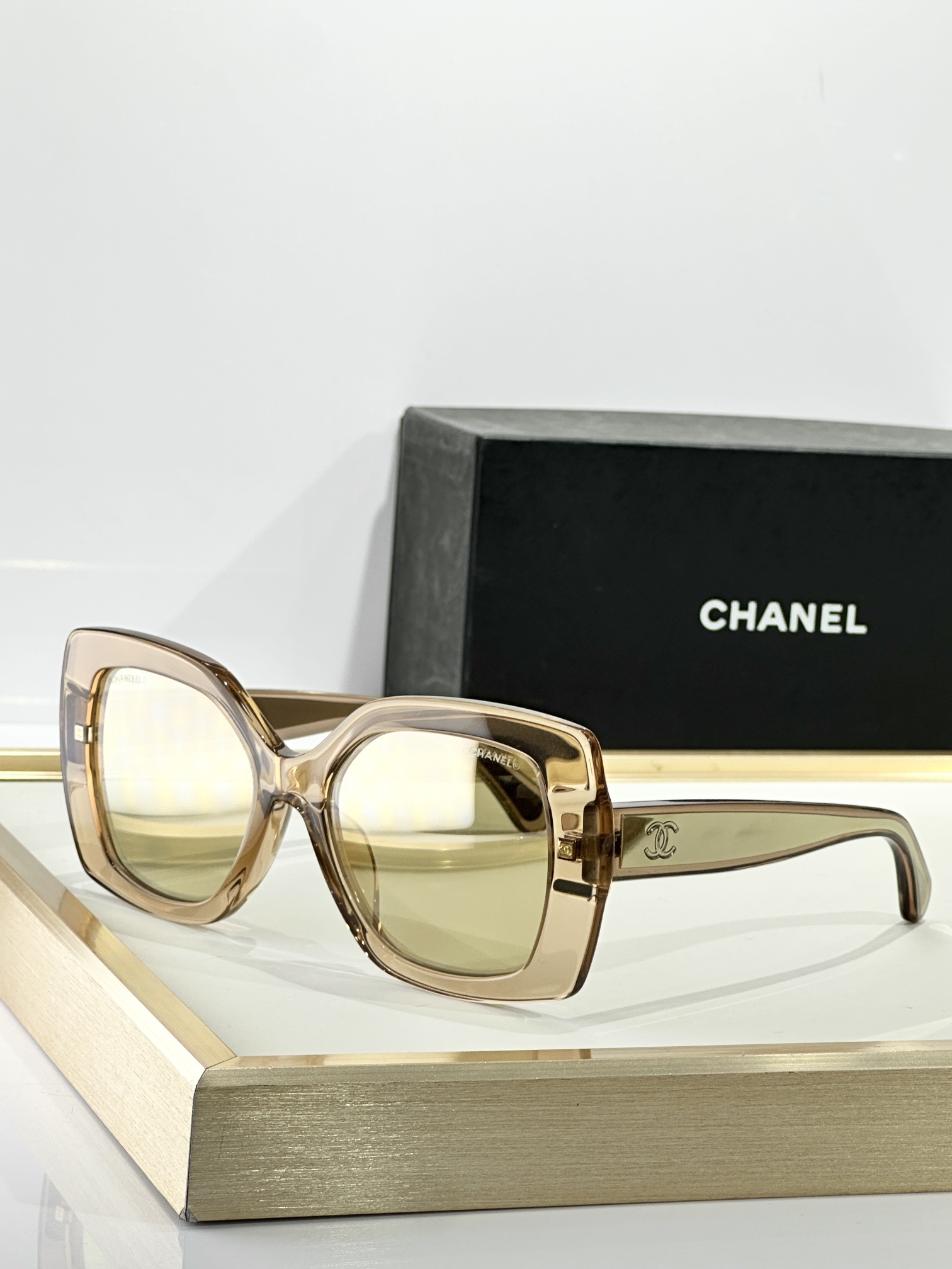 Chanel Acetate Square Sunglasses – Champagne Gold Mirrored Lenses