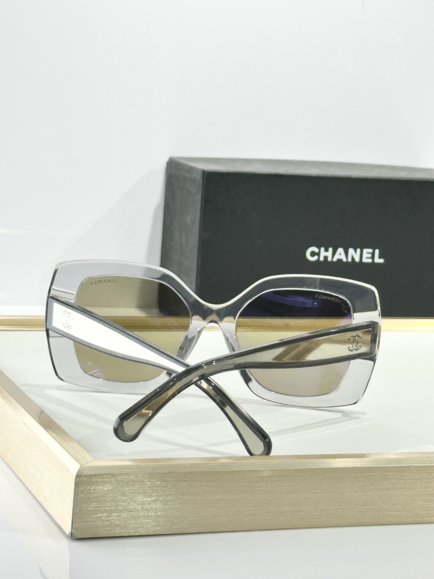 Chanel Square Sunglasses – Light Gray Acetate with Gold Mirror Lenses