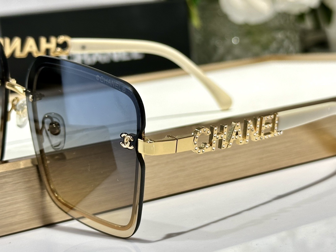 Chanel Luxury Square Rimless Sunglasses with Crystal Logo