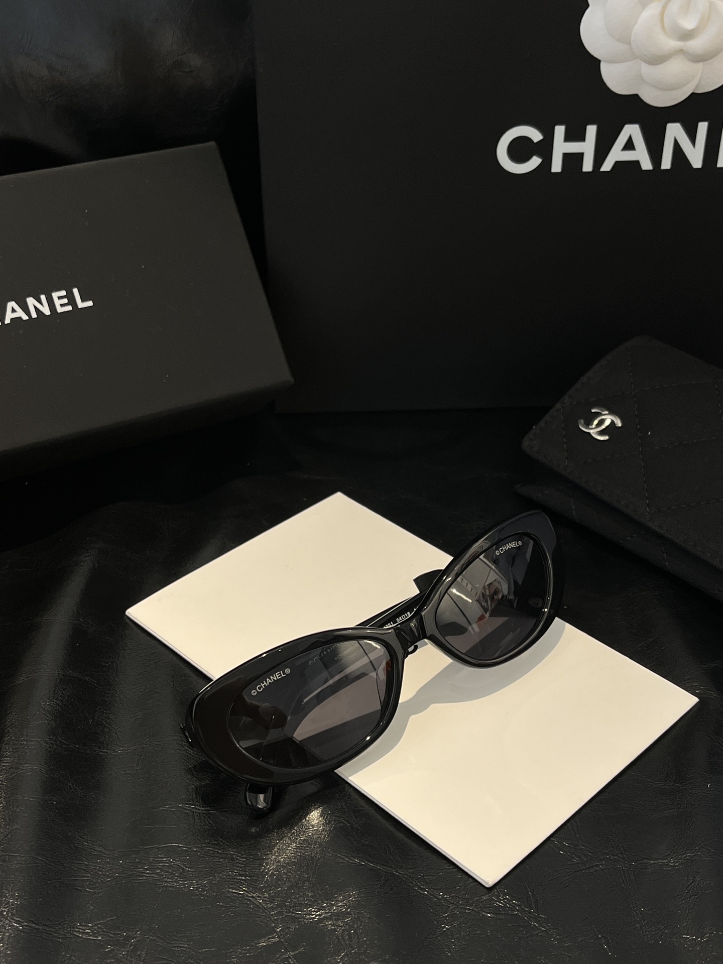 Chanel Black Oval Sunglasses with Bow Detail & CC Logo