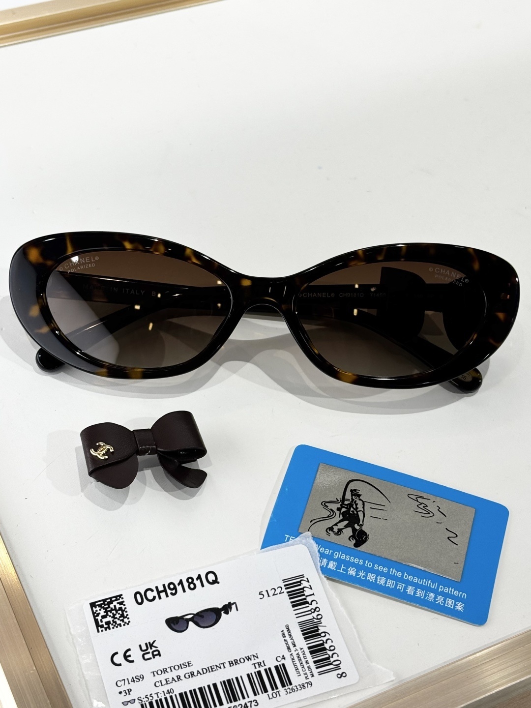 Chanel 9181Q Tortoise Polarized Sunglasses with Leather Bow Detail