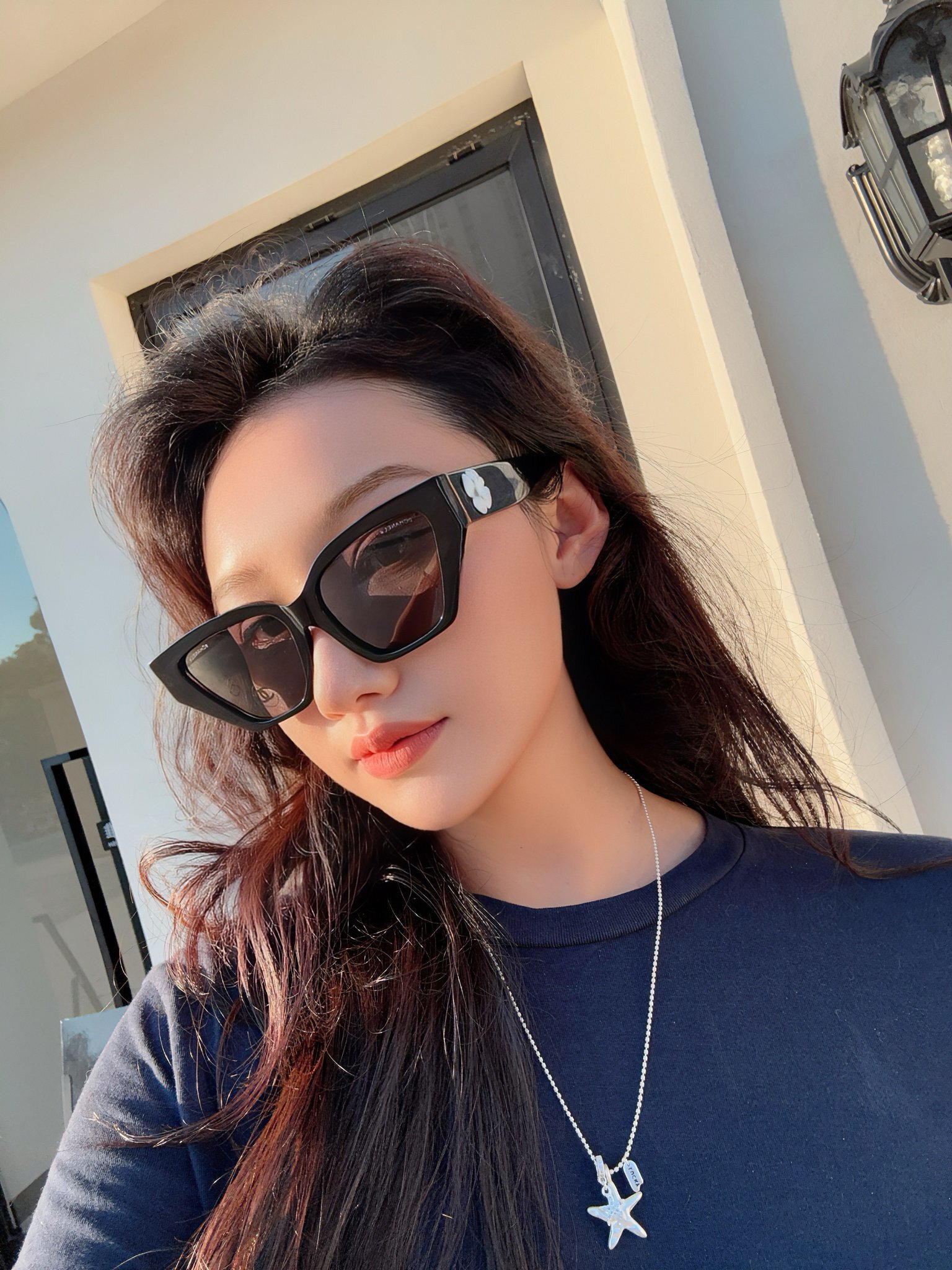 Luxury Black Square Sunglasses with White Camellia Flower Detail