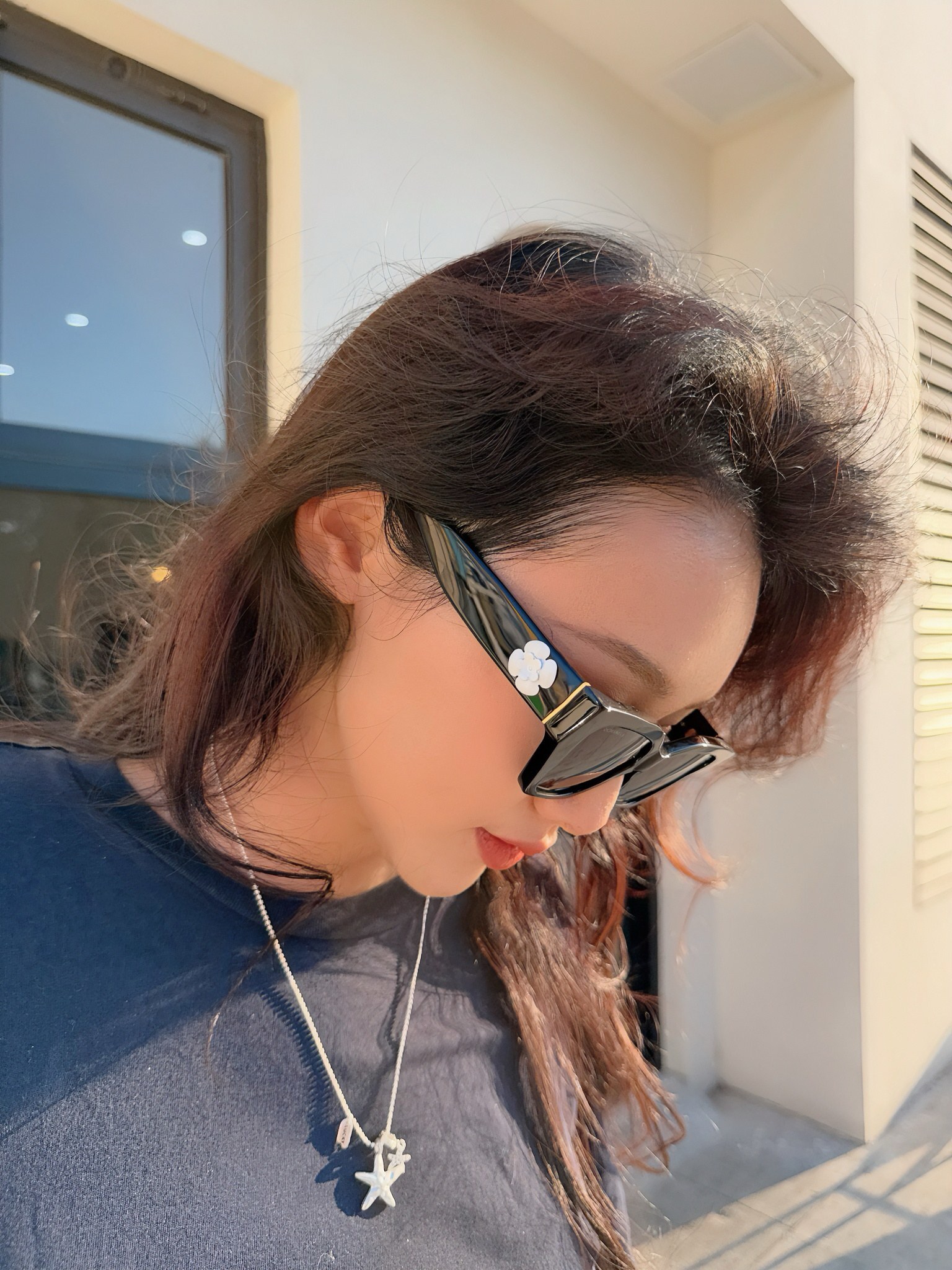 Luxury Black Square Sunglasses with White Camellia Flower Detail