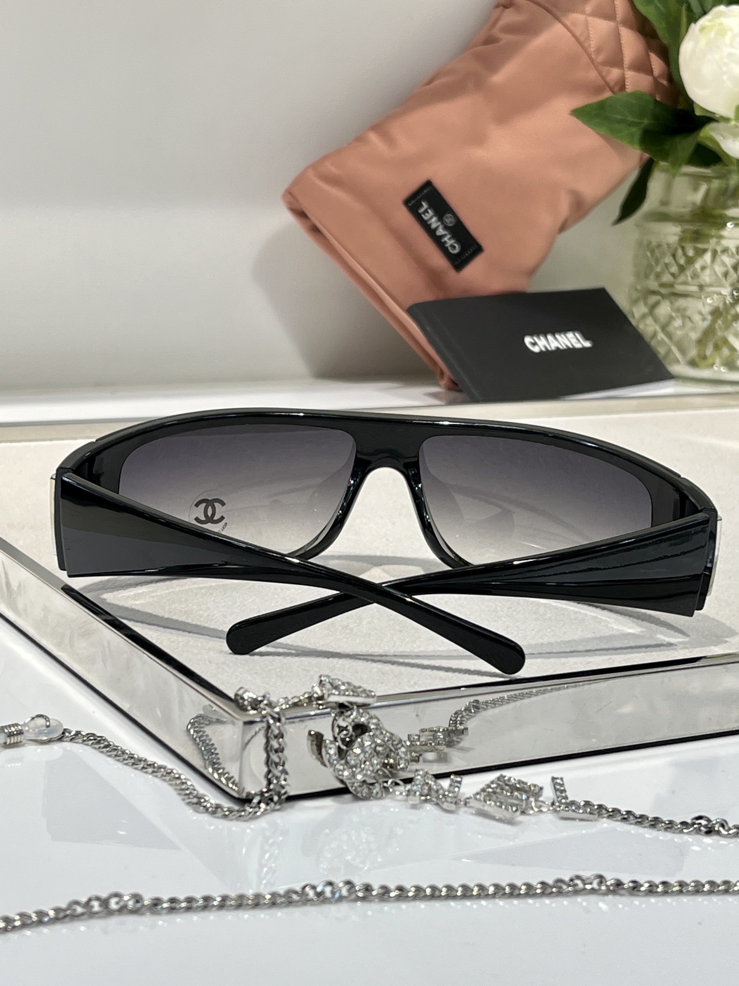 Chanel Luxury Black Shield Sunglasses with Iconic CC Logo Detail