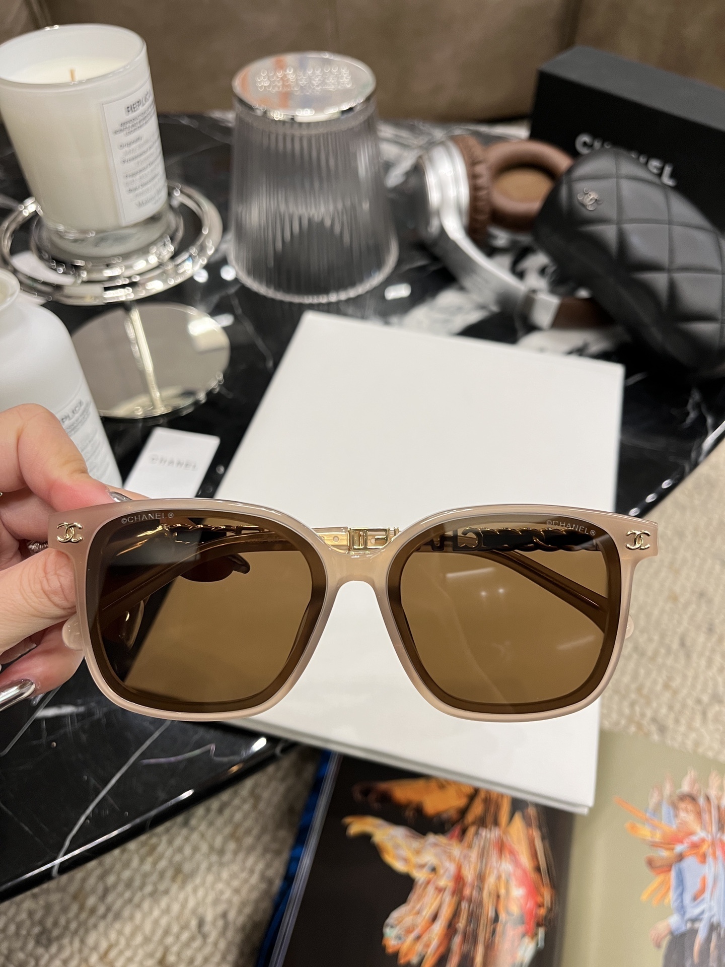 Chanel Square Oversized Sunglasses – Nude Beige Frame Brown Lens