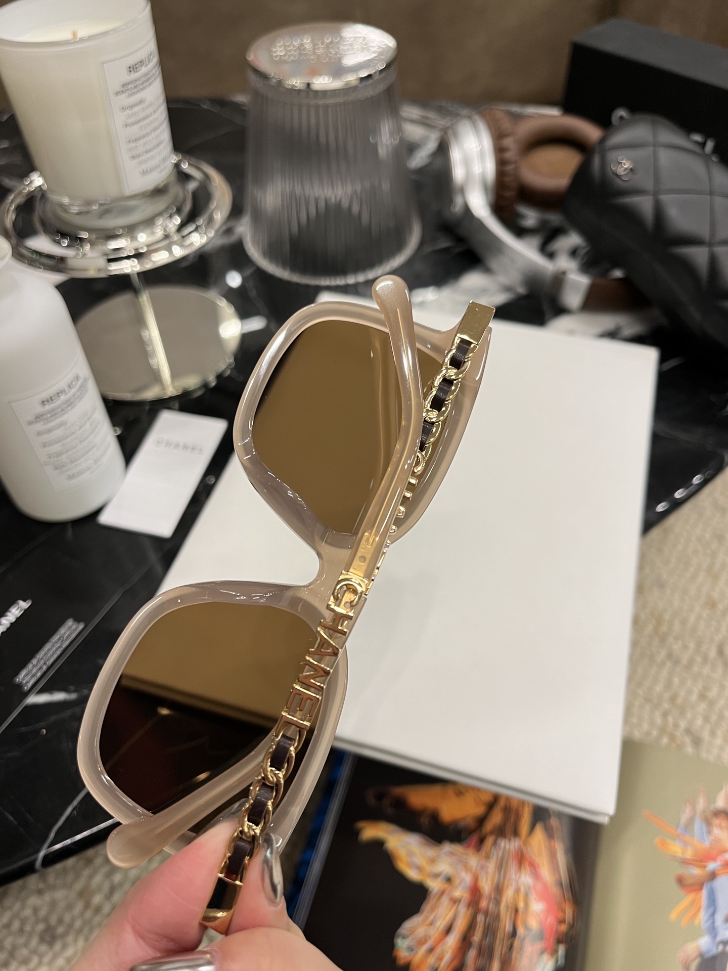 Chanel Square Oversized Sunglasses – Nude Beige Frame Brown Lens