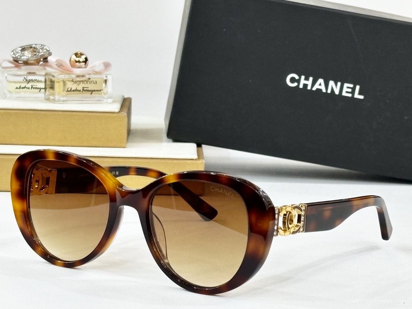 Chanel Luxury Oversized Butterfly Sunglasses with Gold CC Logo