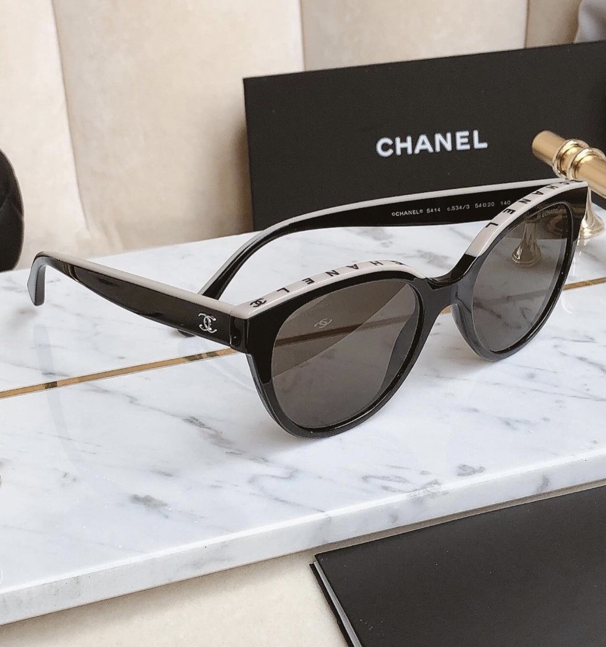 Chanel Luxury Butterfly Sunglasses 5414 Black and Beige Logo