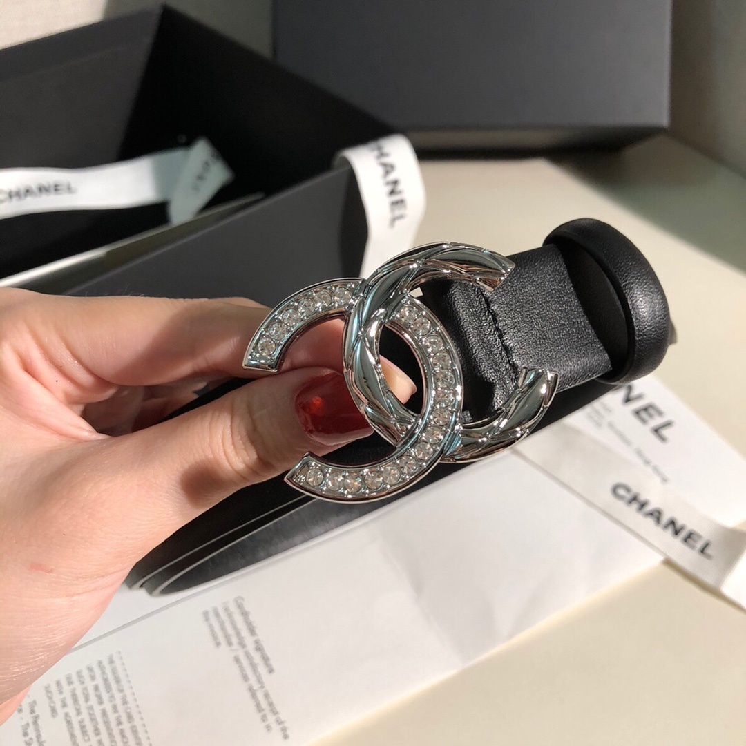 Luxury Women's Crystal CC Buckle Black Leather Belt