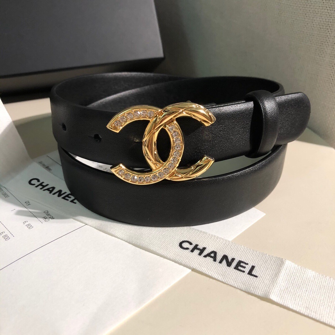 Luxury Chanel Crystal Double C Black Leather Belt - Gold Hardware