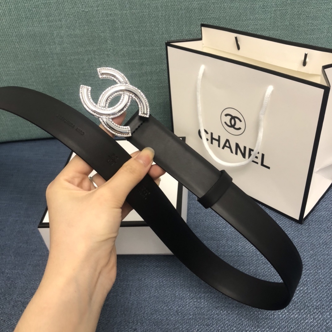 Chanel Crystal CC Buckle Black Leather Belt for Women
