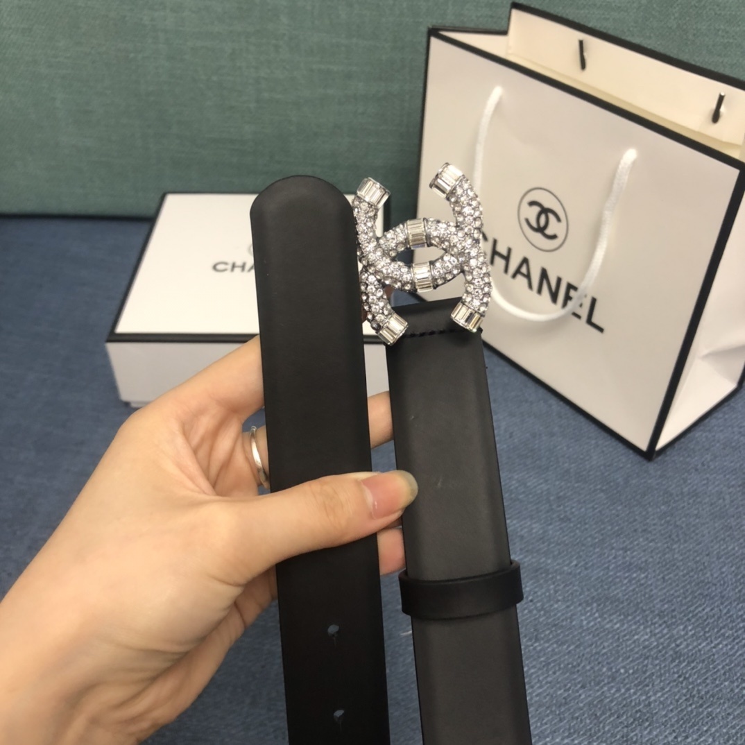 Luxury Crystal CC Buckle Black Leather Belt for Women