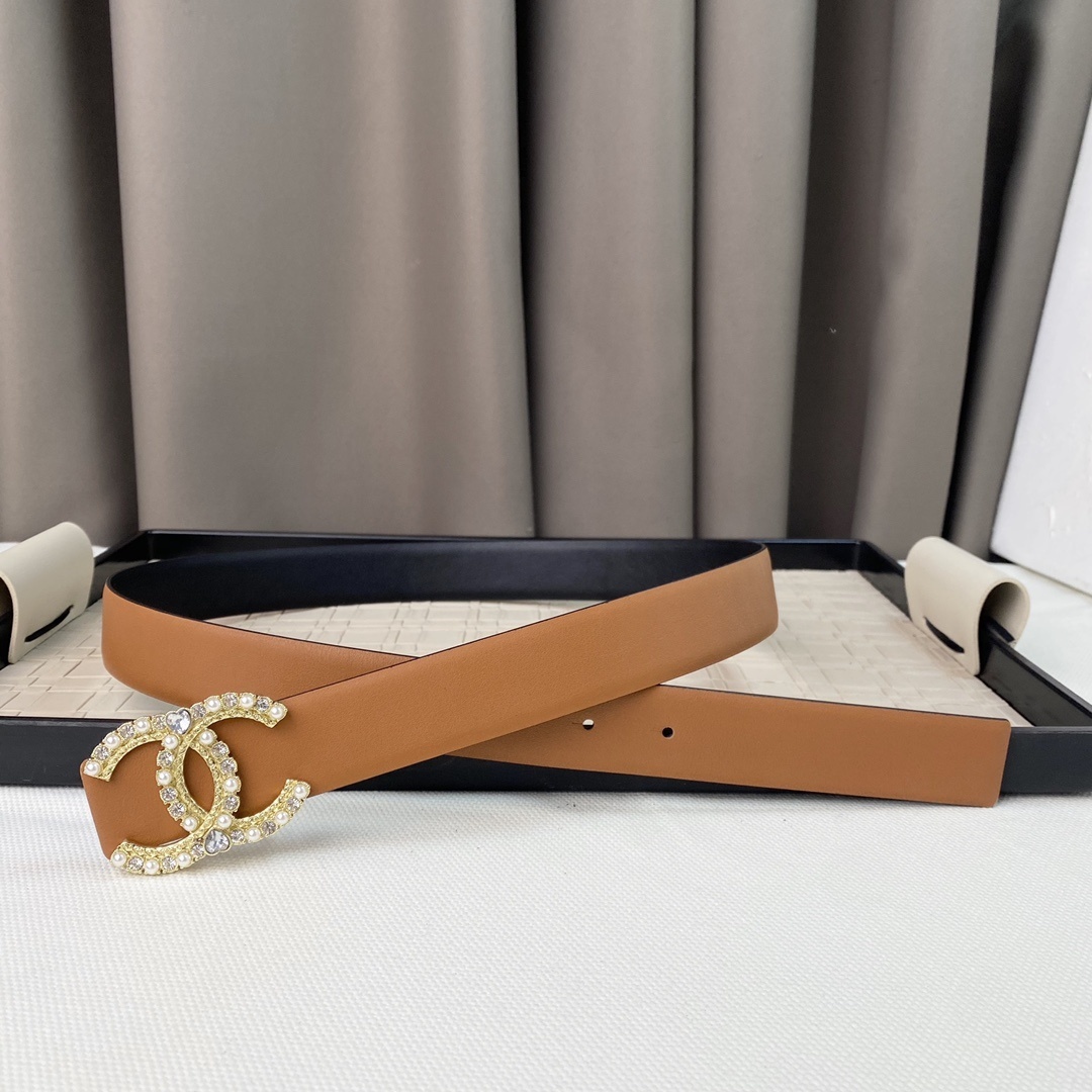 Luxury Pearl & Crystal CC Buckle Reversible Leather Belt