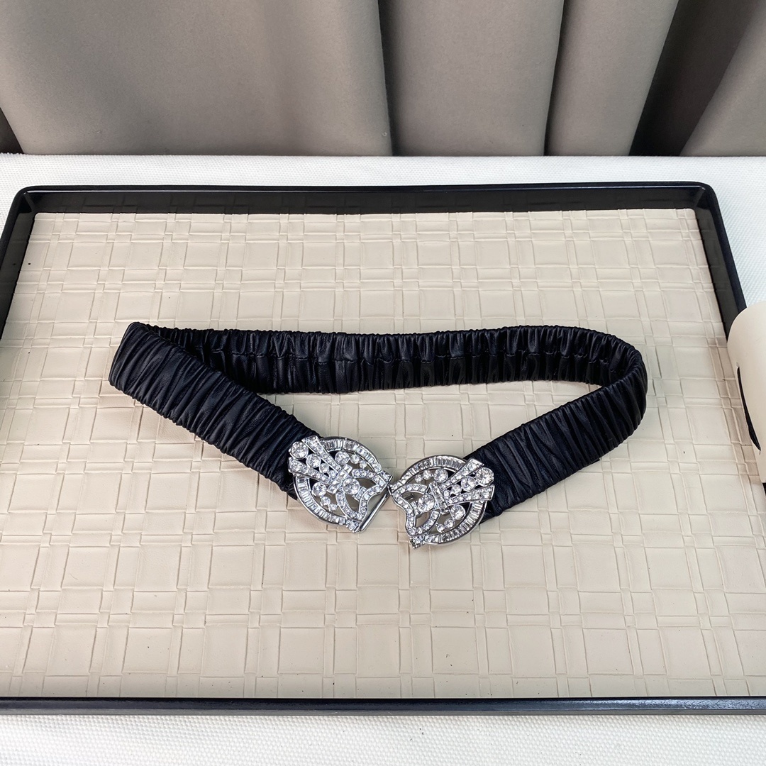 Elegant Ruched Elastic Waist Belt with Crystal Buckle