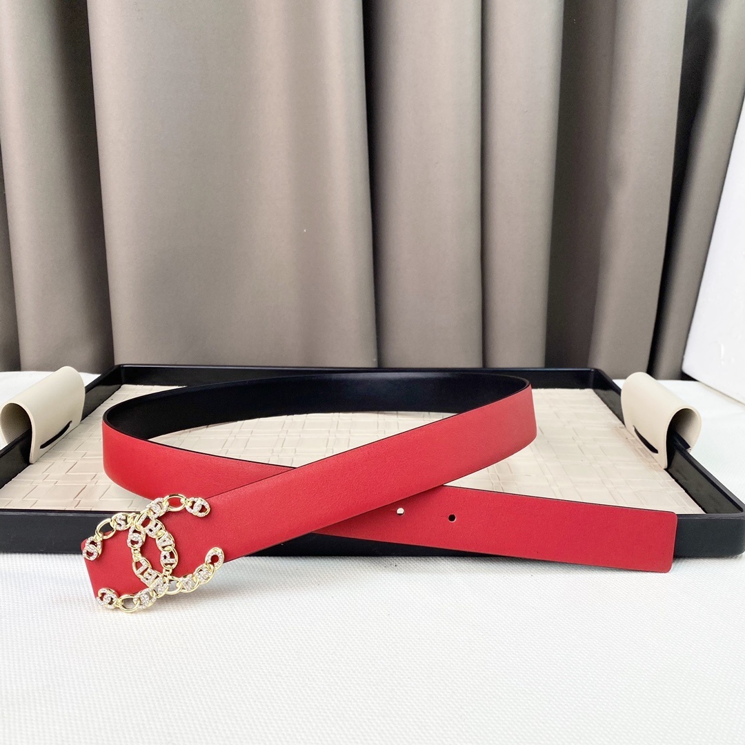 Luxury Red Leather Belt with Crystal Chain Buckle for Women