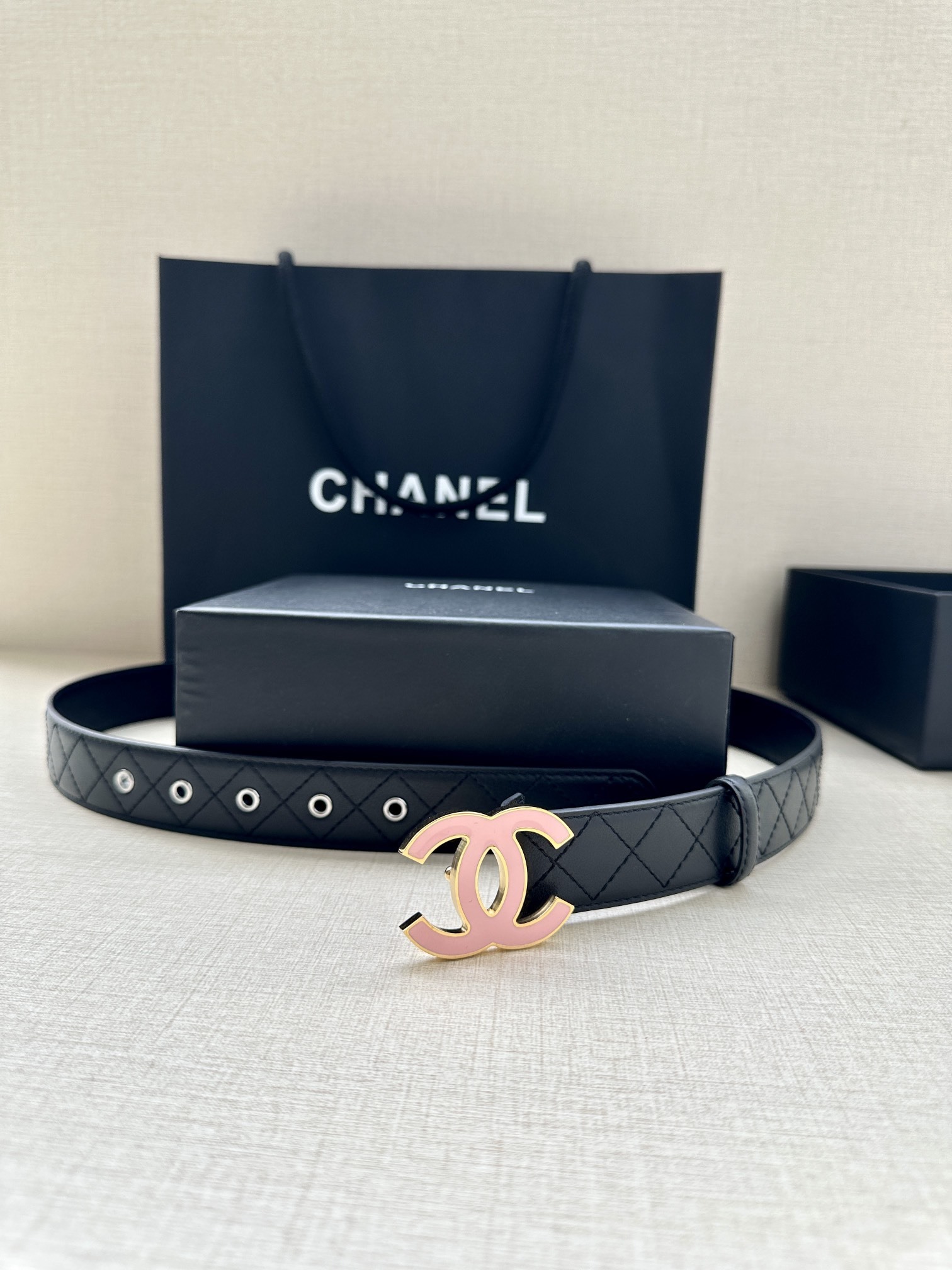 Chanel Quilted Black Leather Belt with Pink Enamel CC Buckle