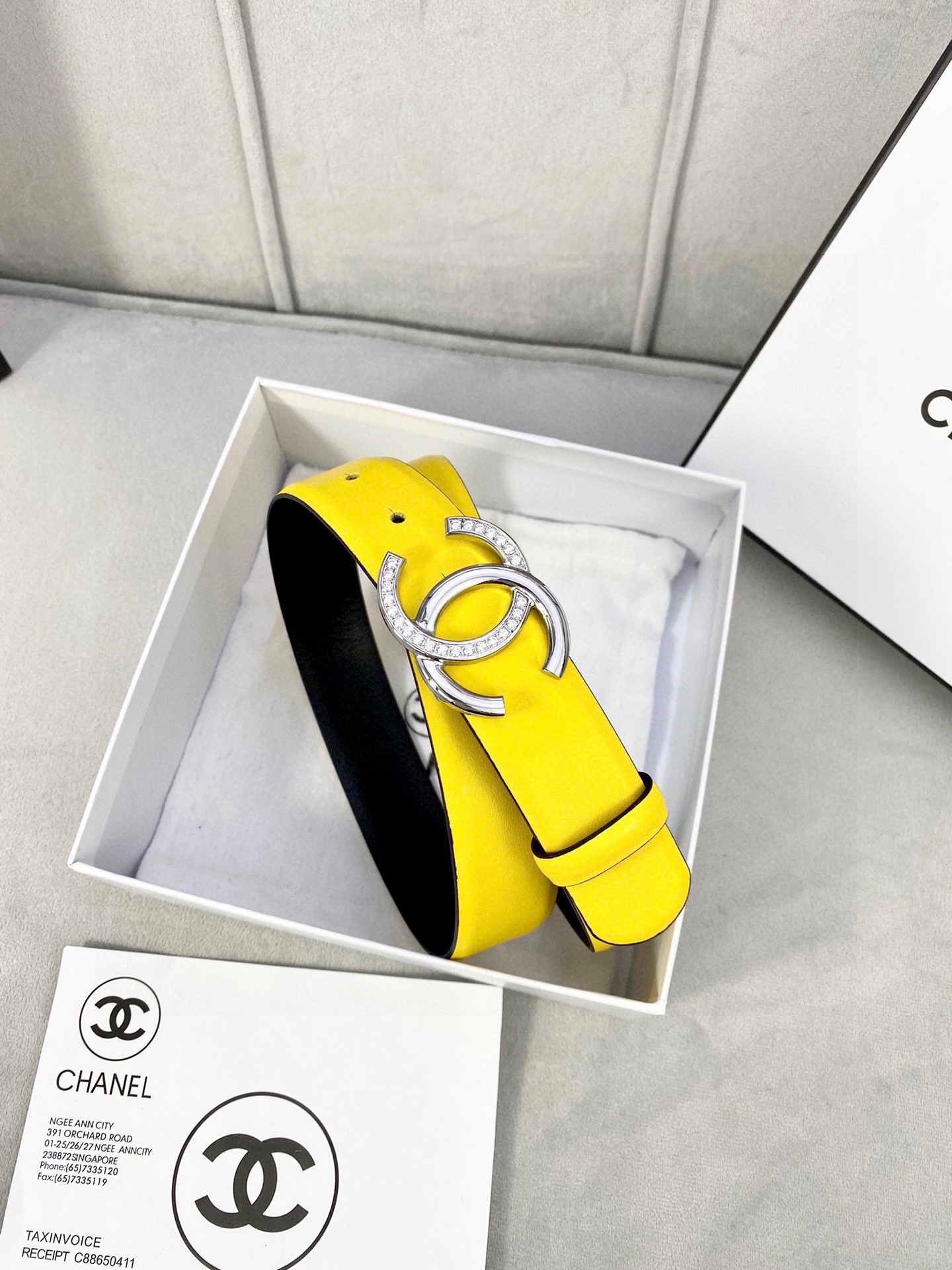 Chanel Yellow Leather Belt with Crystal Encrusted CC Buckle