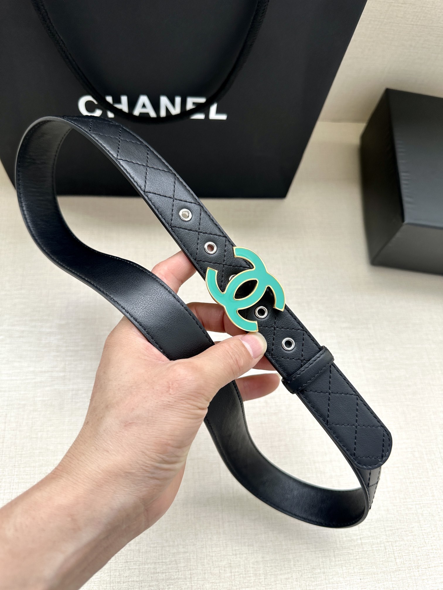 Luxury Quilted Leather Belt with Turquoise CC Buckle