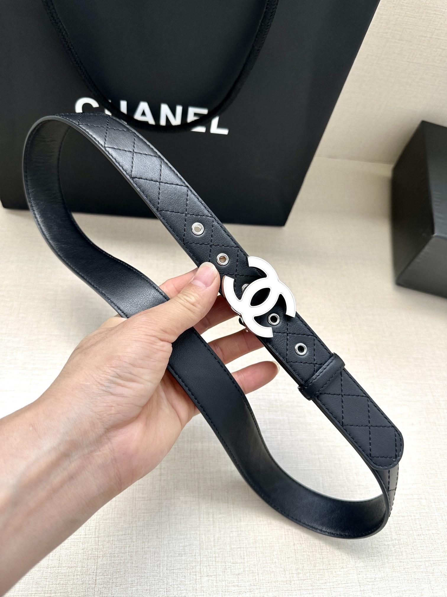 Chanel Quilted Leather Belt with Silver CC Buckle - Black