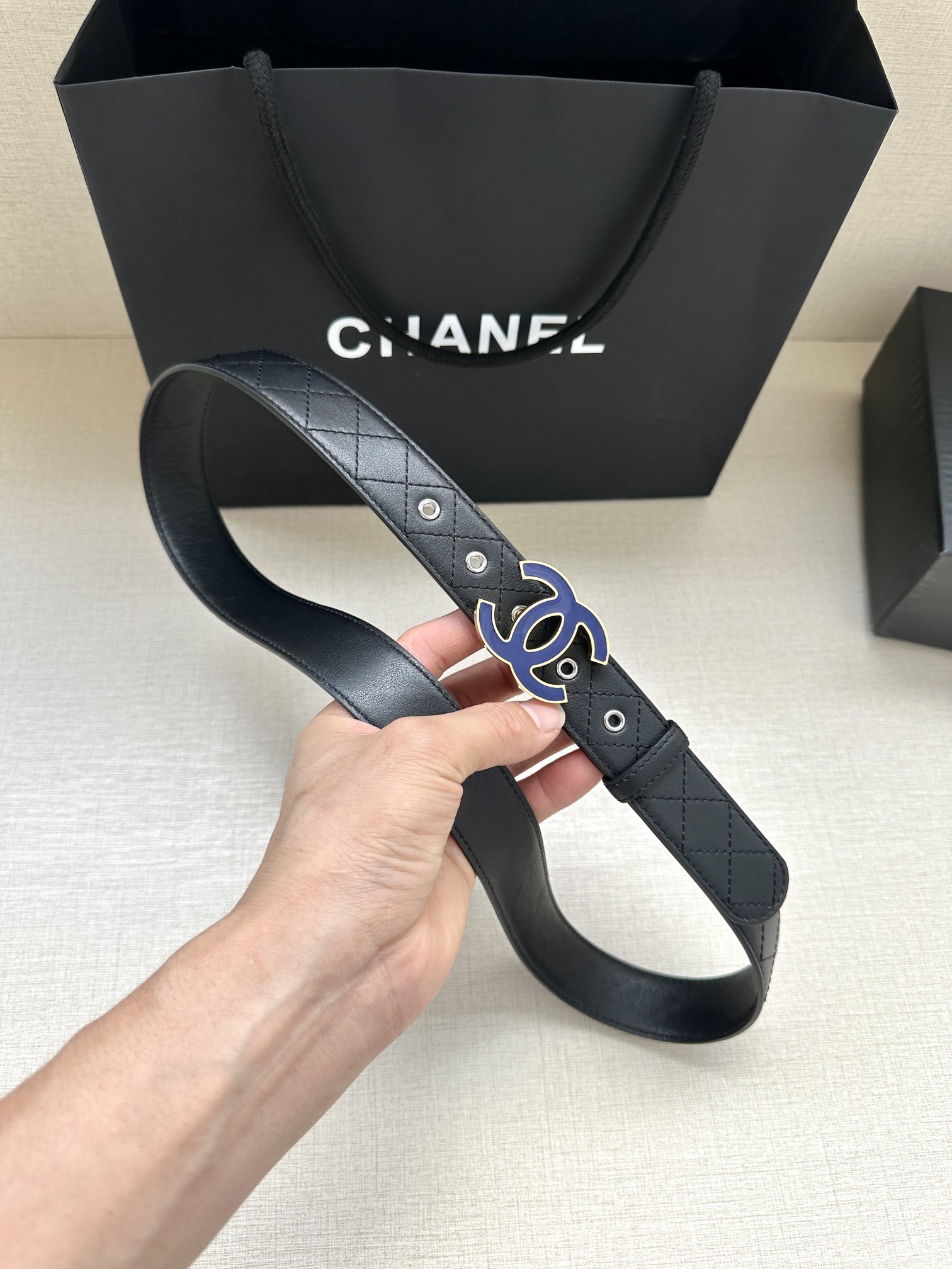 Chanel Quilted Black Leather Belt with Blue Enamel CC Buckle