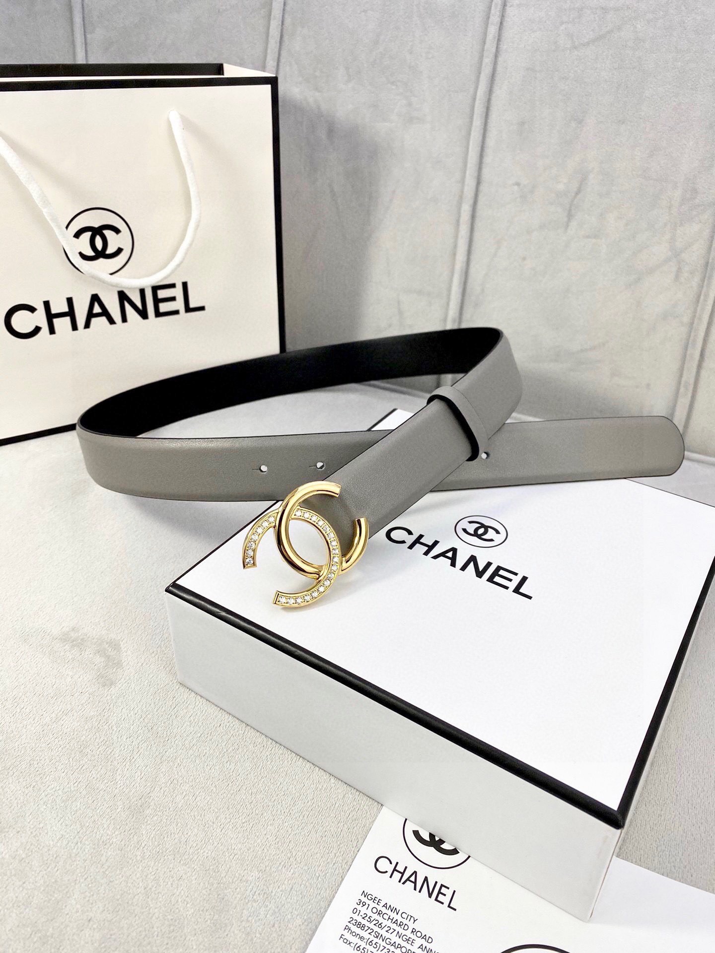 Chanel Crystal CC Buckle Grey Leather Belt - Luxury Accessory