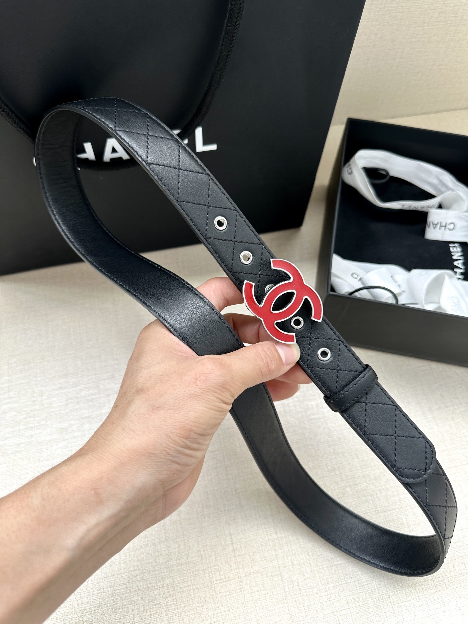 Chanel Black Quilted Leather Belt with Red Enamel CC Buckle