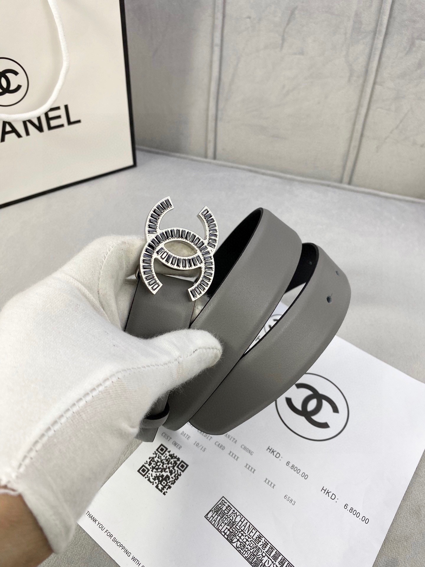 Chanel Crystal CC Buckle Gray Leather Belt