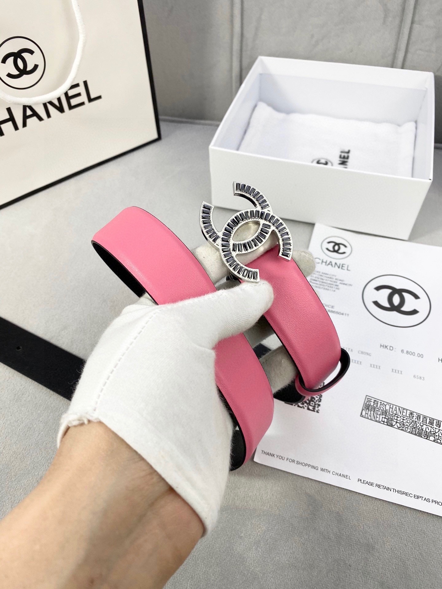 Chanel Pink Leather Belt with Crystal-Embellished CC Buckle