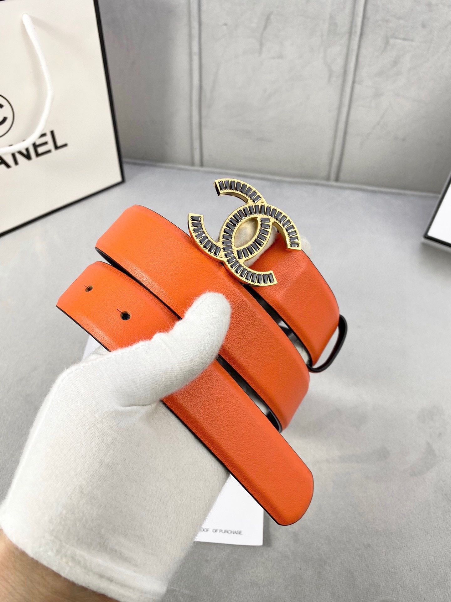 Luxury Orange Leather Belt with Crystal Gold CC Buckle