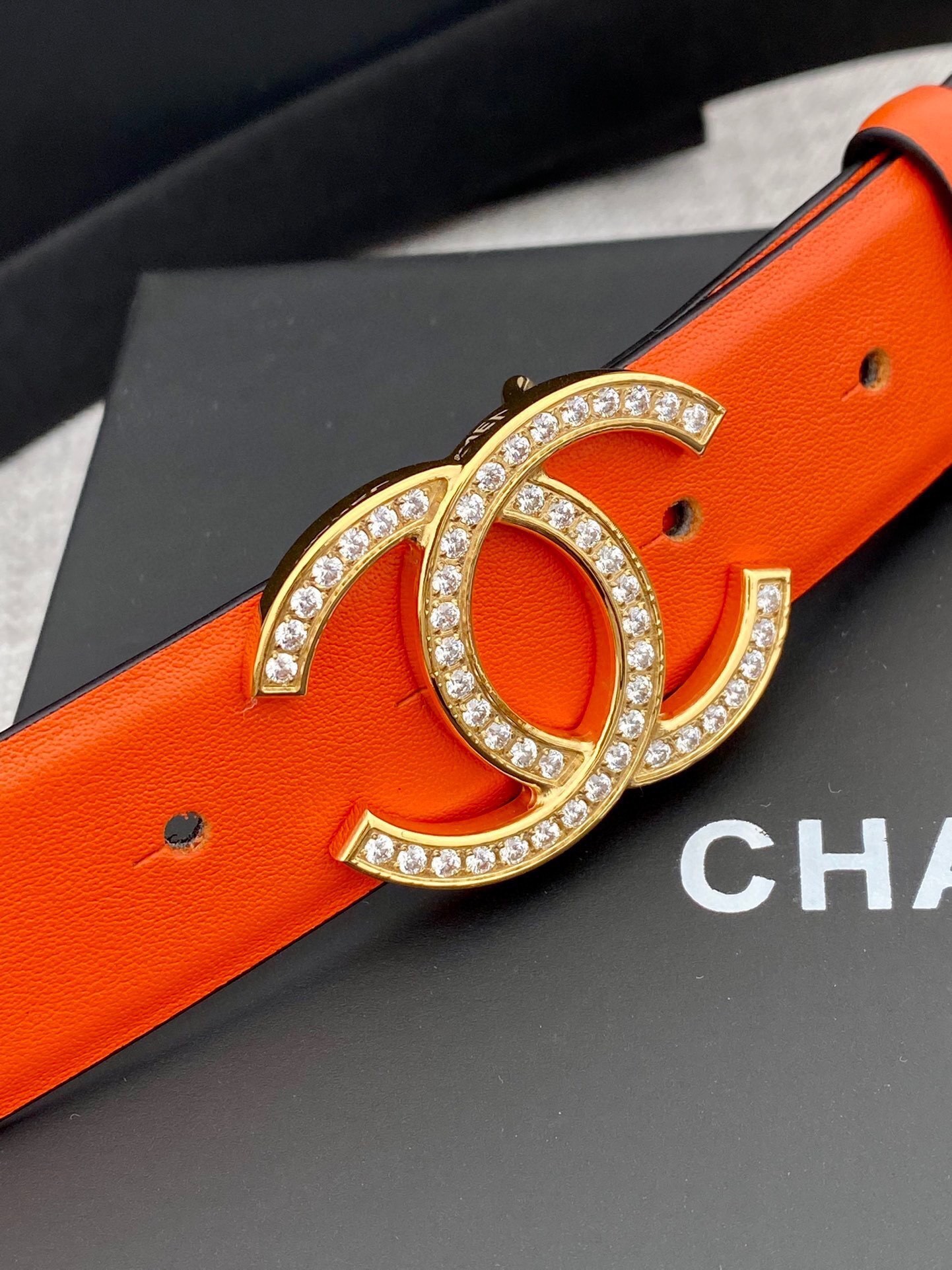 Chanel Crystal Orange Leather Belt - Gold Double C Buckle