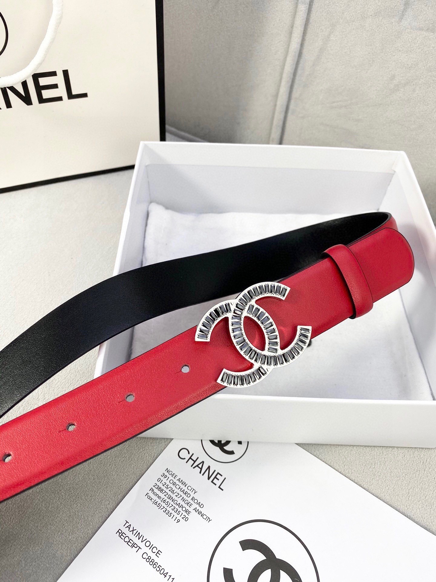 Luxury Red Leather Belt with Crystal Double C Buckle