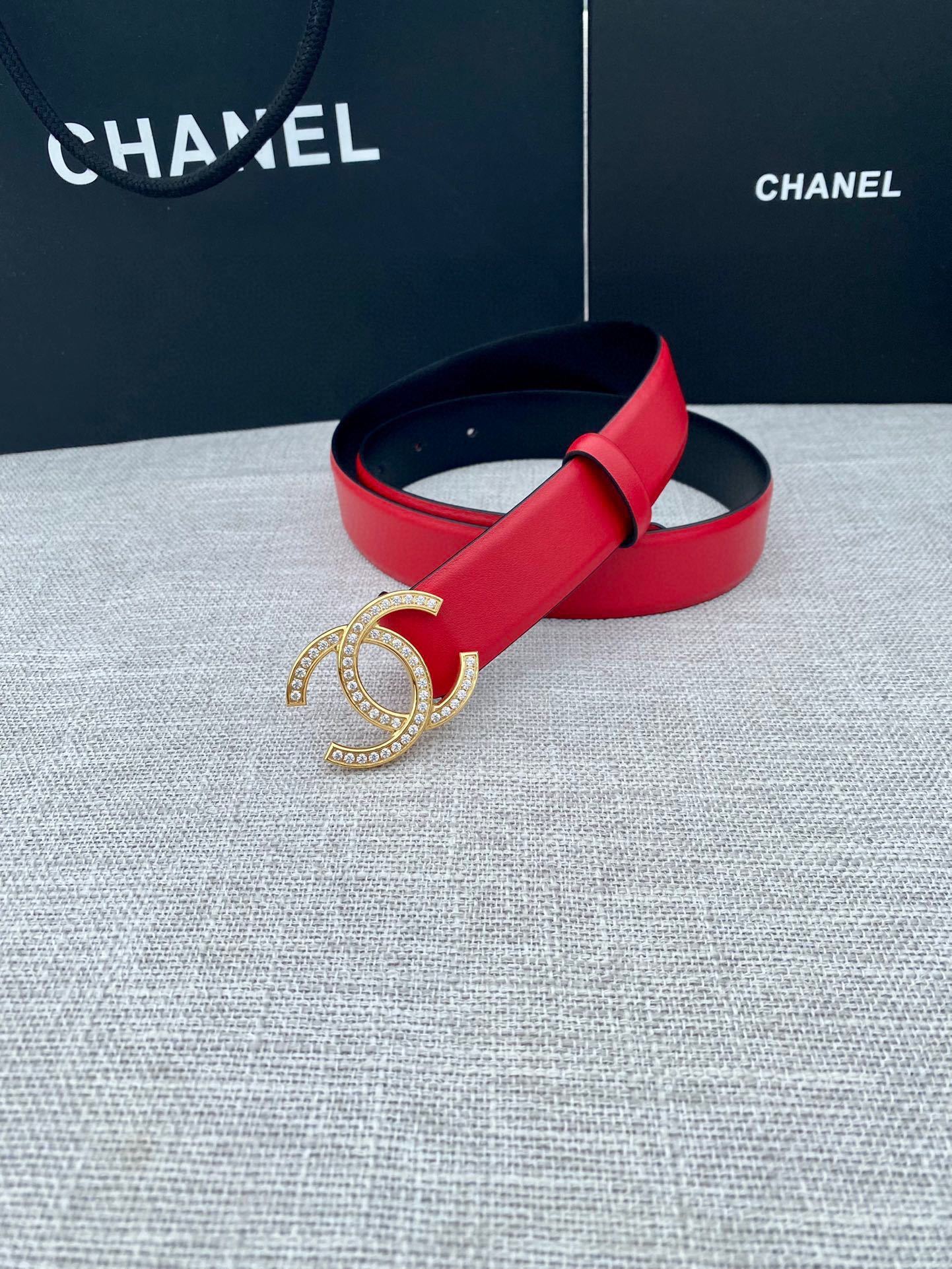 Luxury Red Leather Belt with Crystal Double C Buckle