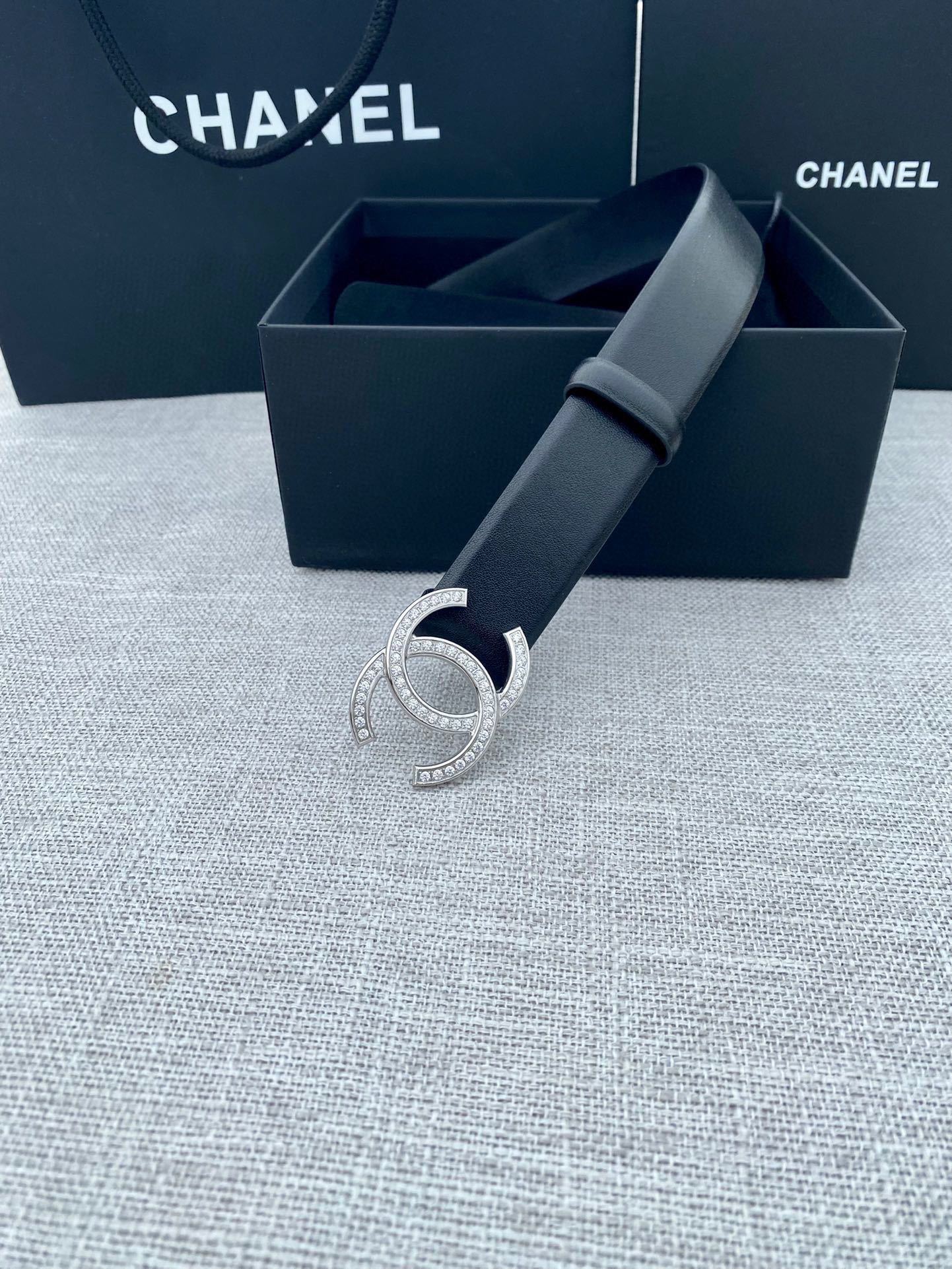 Chanel Crystal CC Buckle Black Leather Belt for Women